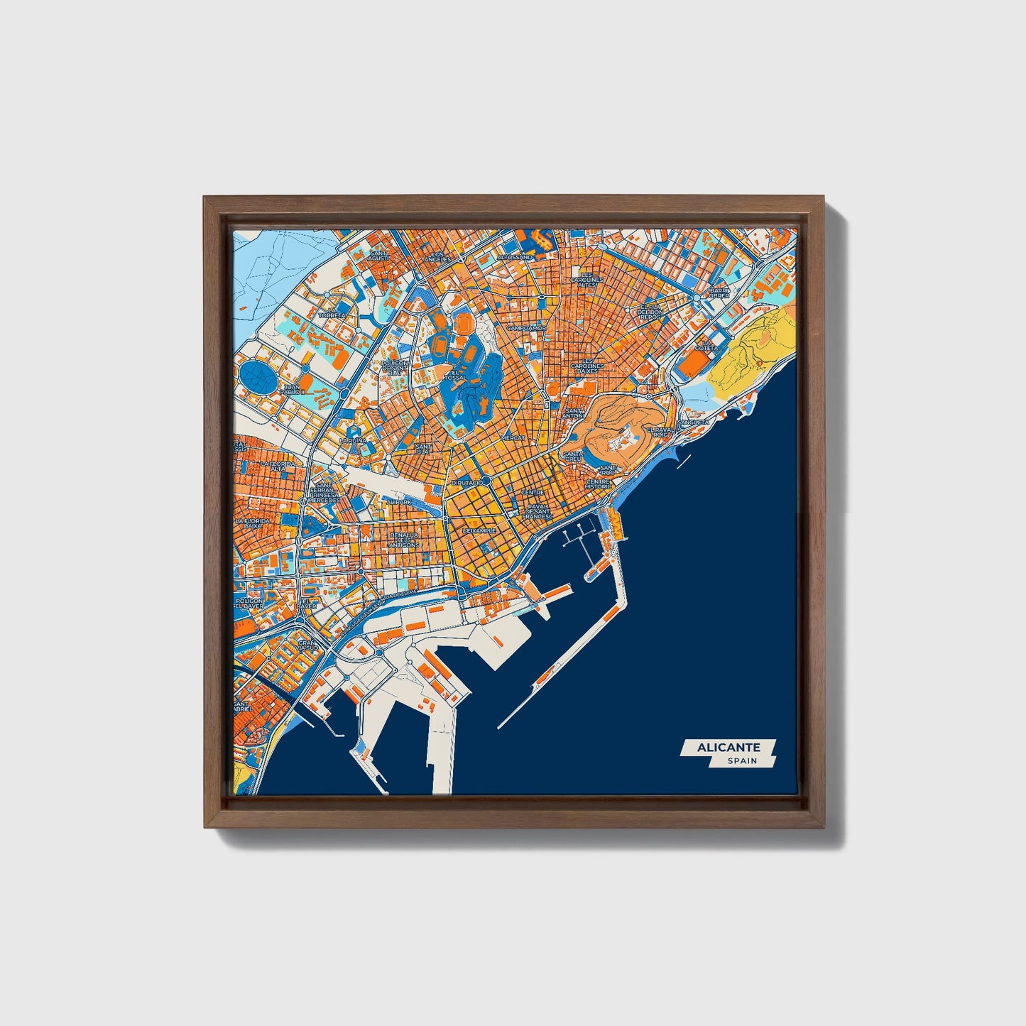 Alicante Spain Colorful City Map Canvas Print • Dark Wooden Framed