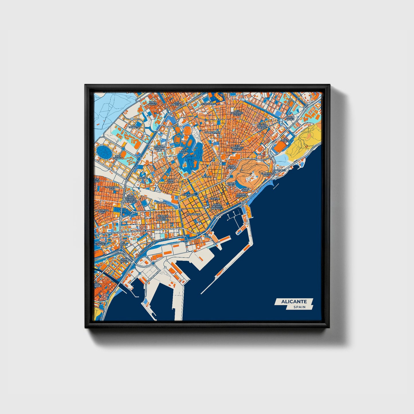 Alicante Spain Colorful City Map Canvas Print • Black Framed