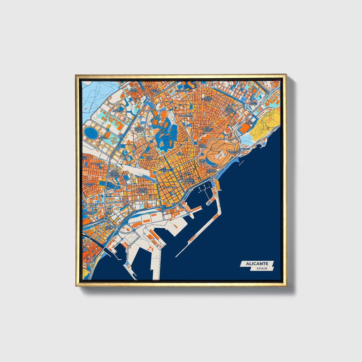 Alicante Spain Colorful City Map Canvas Print • Gold Framed