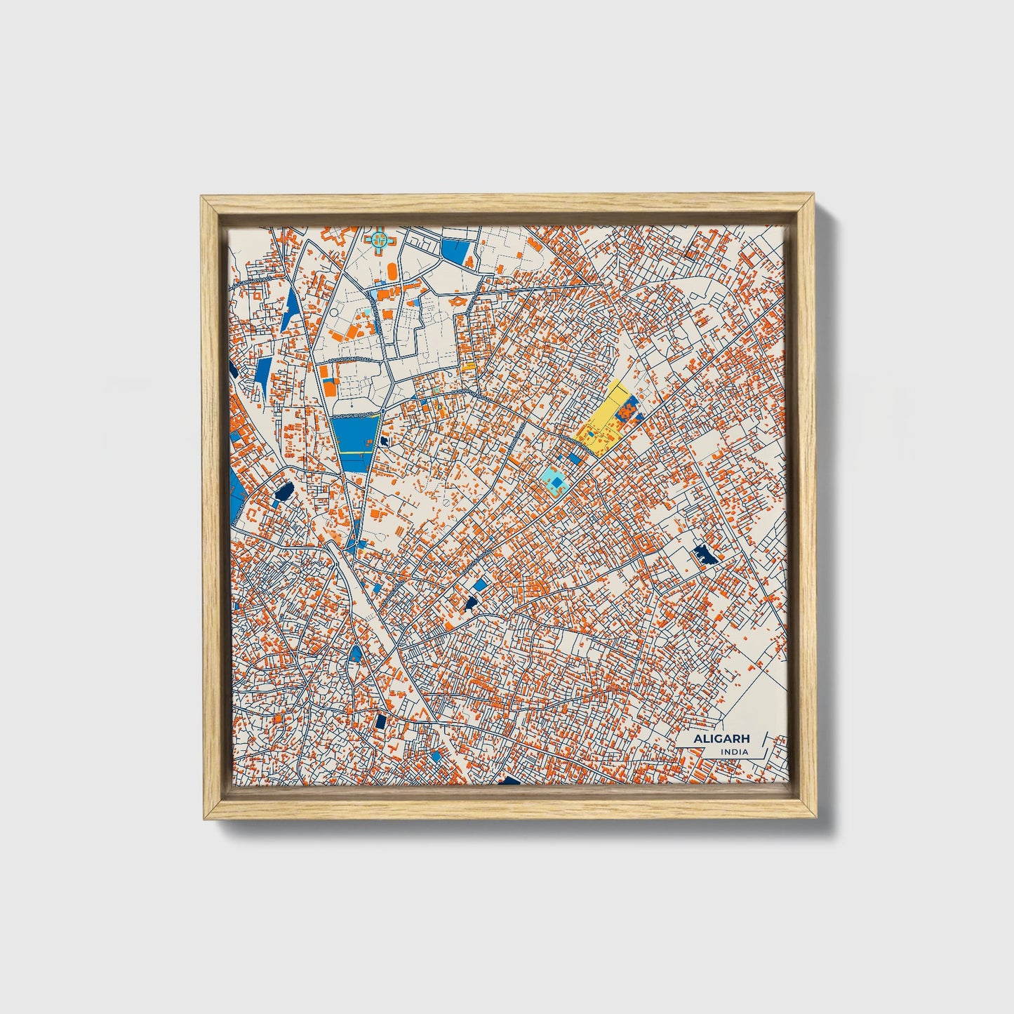 Aligarh India Colorful City Map Canvas Print • Natural Wooden Framed