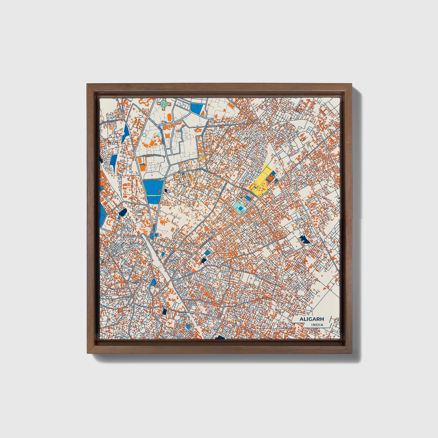 Aligarh India Colorful City Map Canvas Print • Dark Wooden Framed