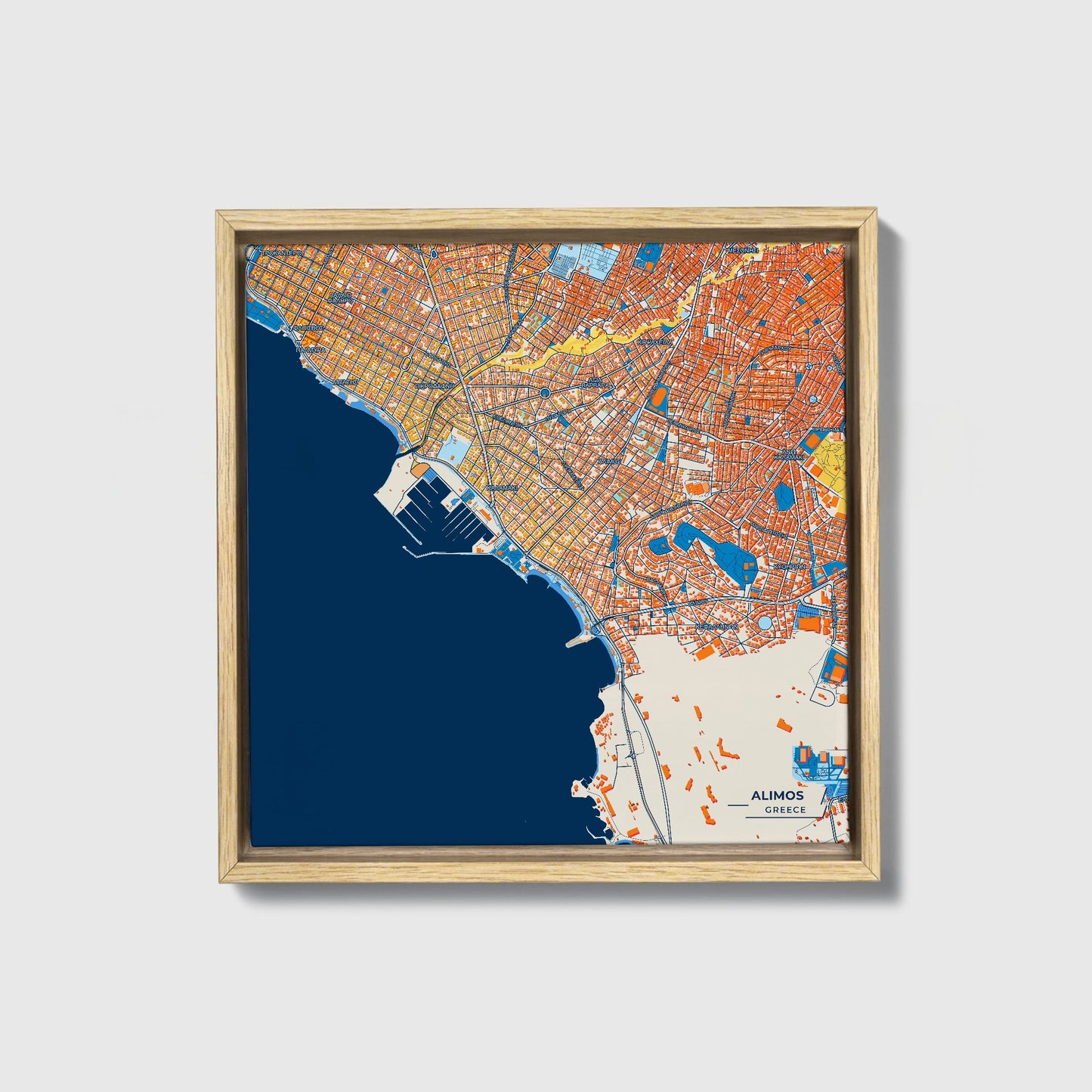 Alimos Greece Colorful City Map Canvas Print • Natural Wooden Framed