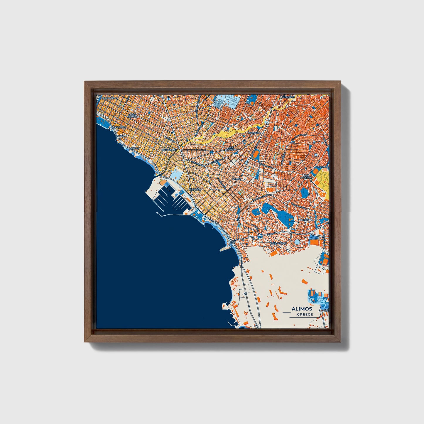 Alimos Greece Colorful City Map Canvas Print • Dark Wooden Framed