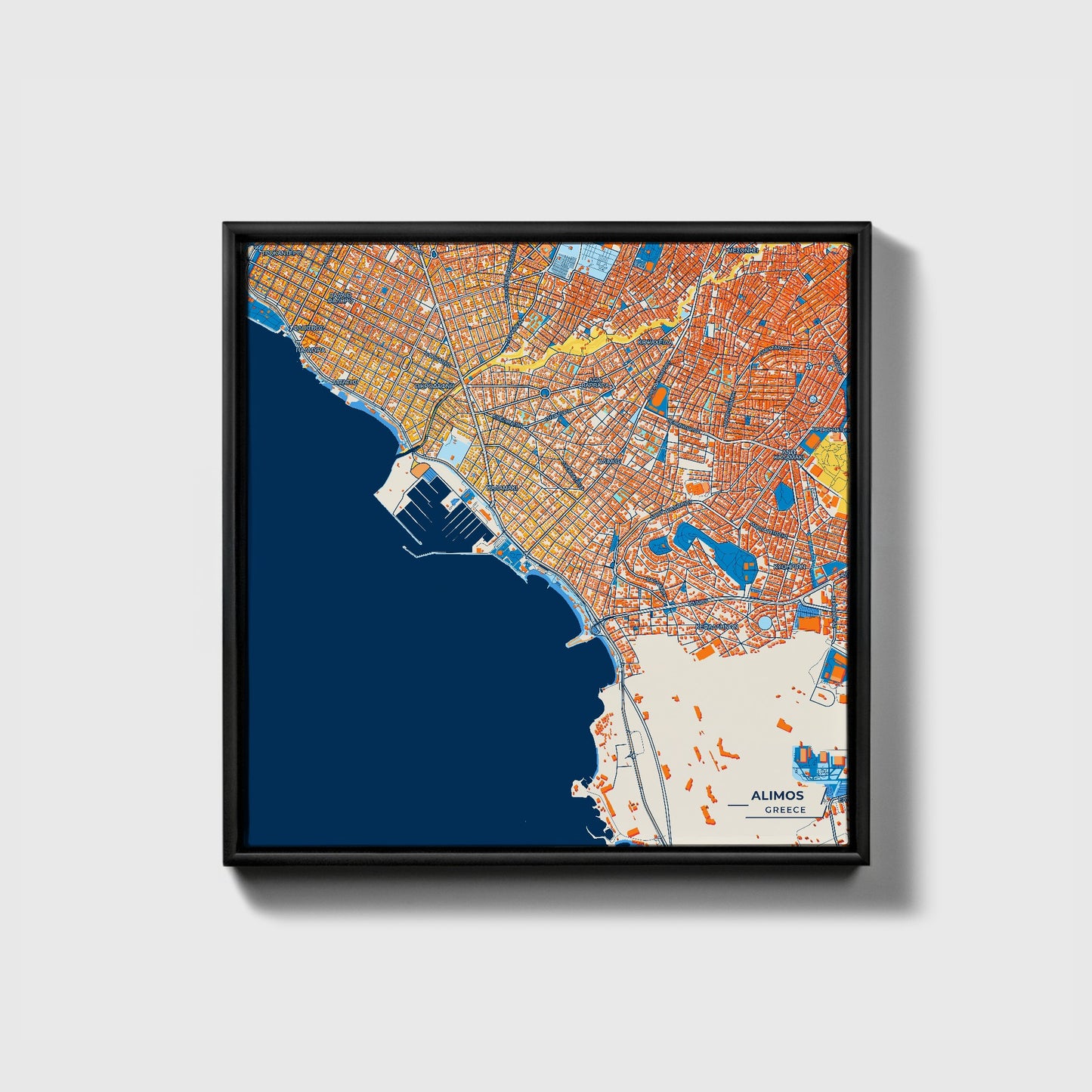 Alimos Greece Colorful City Map Canvas Print • Black Framed