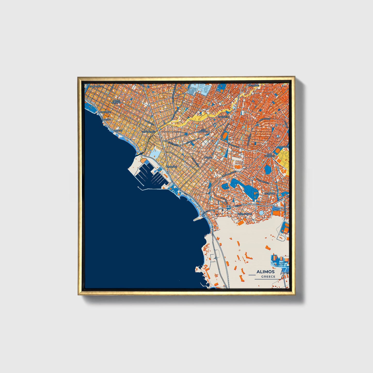 Alimos Greece Colorful City Map Canvas Print • Gold Framed