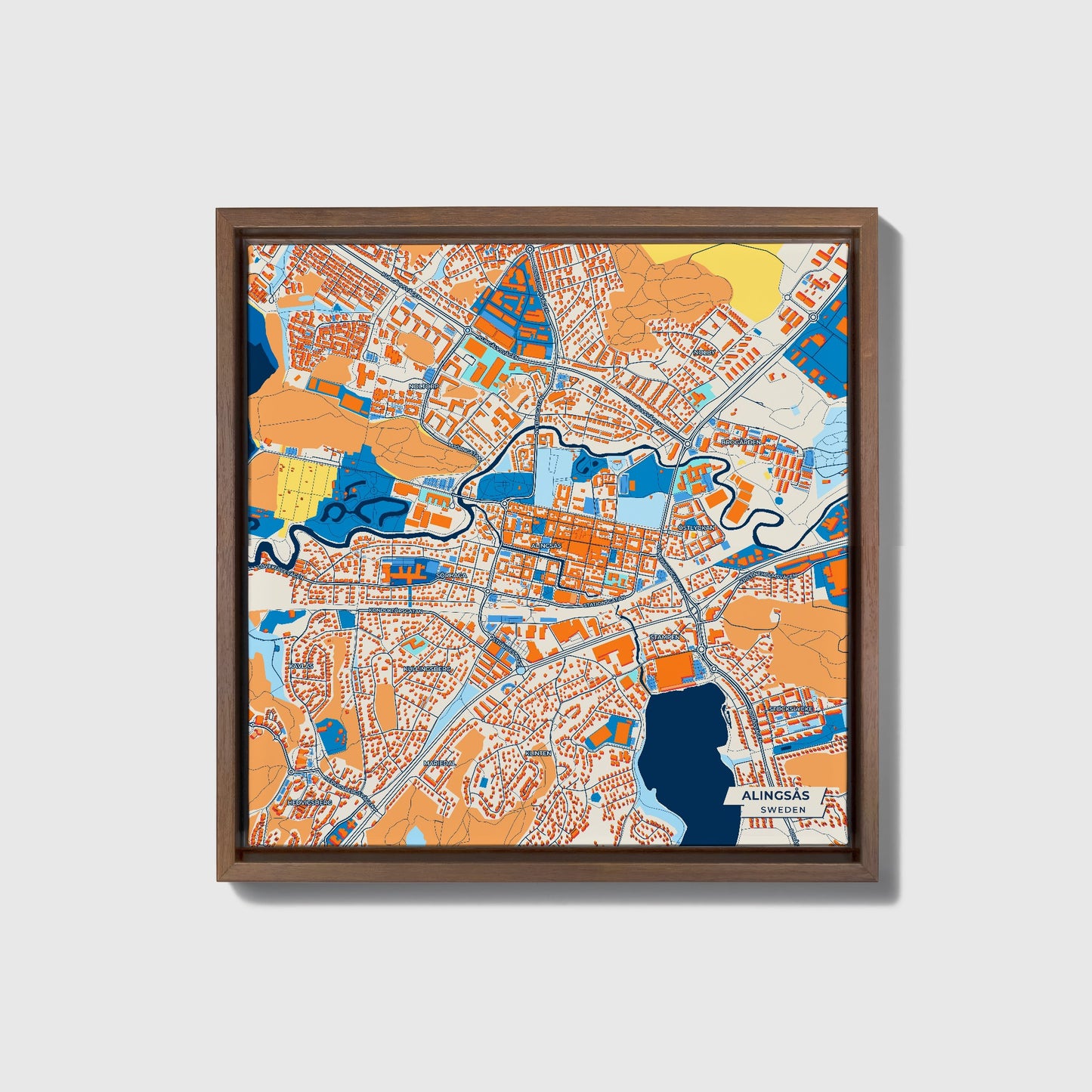 Alingsås Sweden Colorful City Map Canvas Print • Dark Wooden Framed