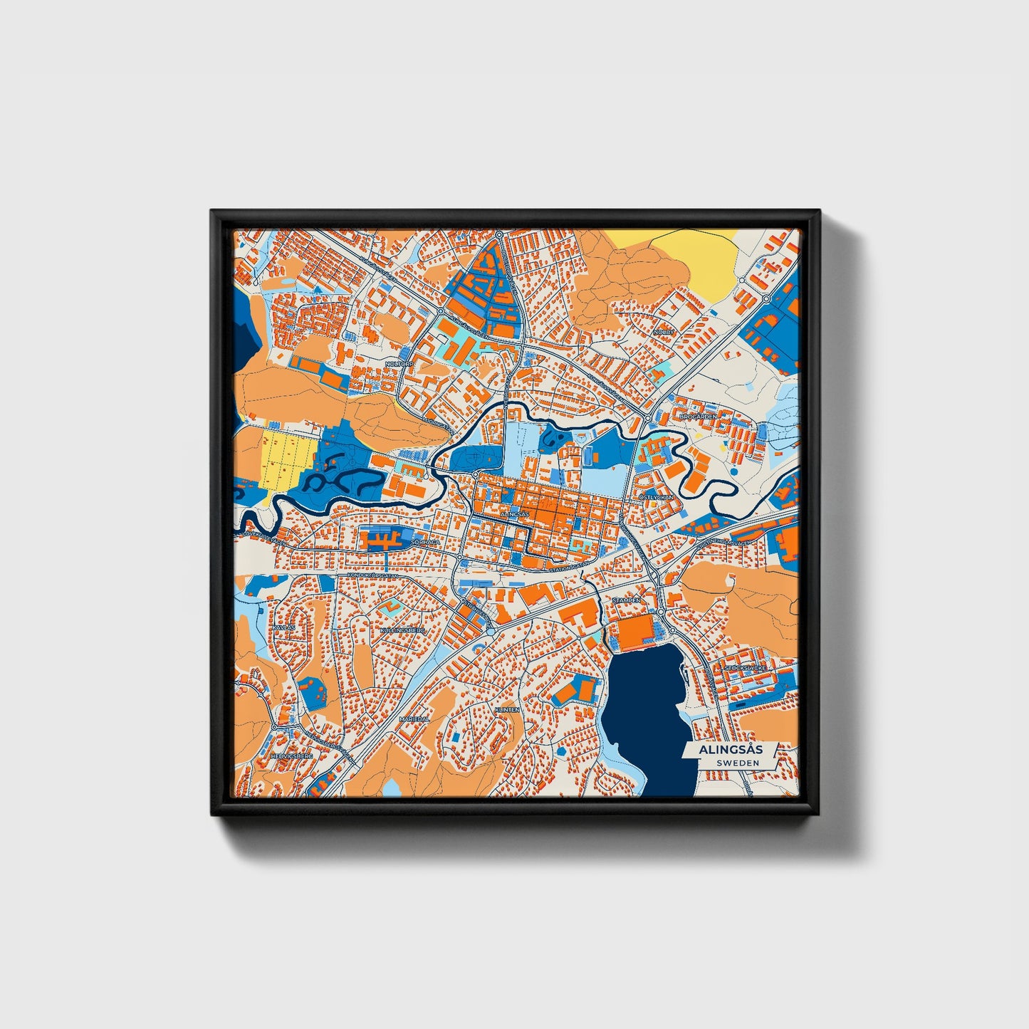 Alingsås Sweden Colorful City Map Canvas Print • Black Framed