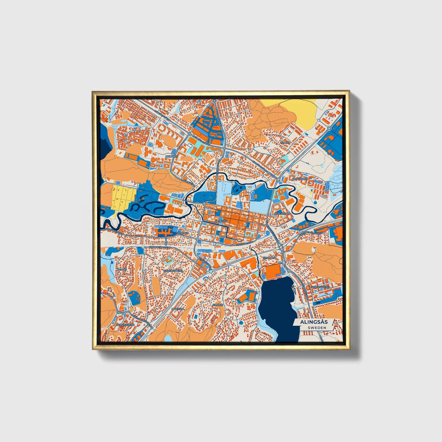 Alingsås Sweden Colorful City Map Canvas Print • Gold Framed