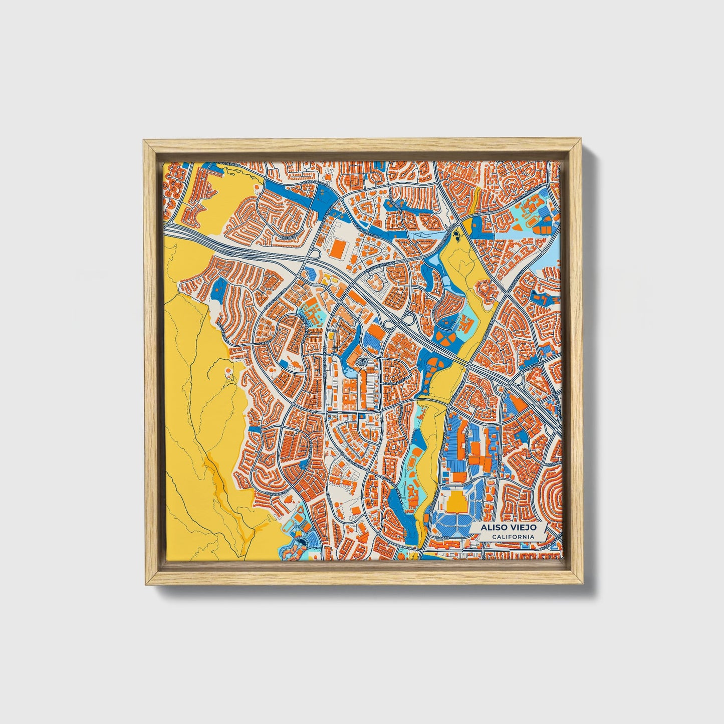 Aliso Viejo California Colorful City Map Canvas Print • Natural Wooden Framed