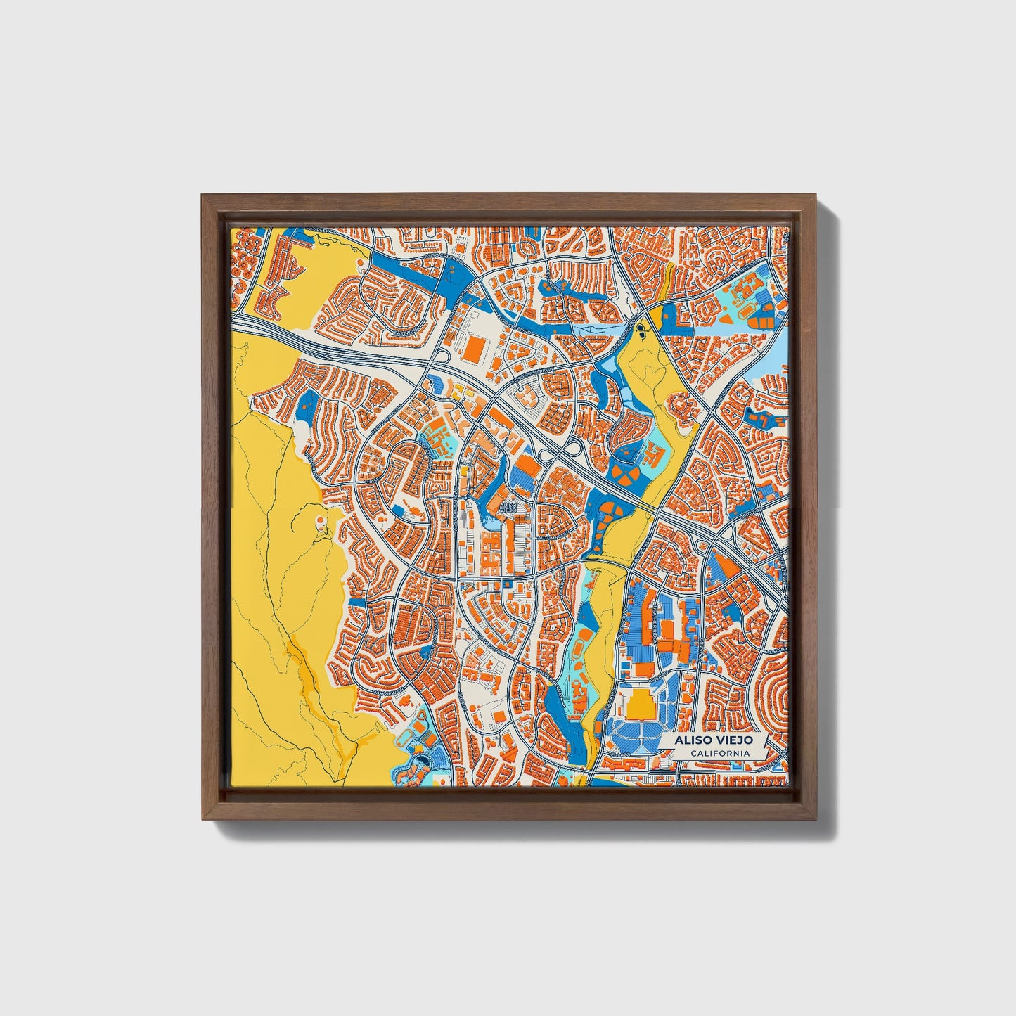 Aliso Viejo California Colorful City Map Canvas Print • Dark Wooden Framed