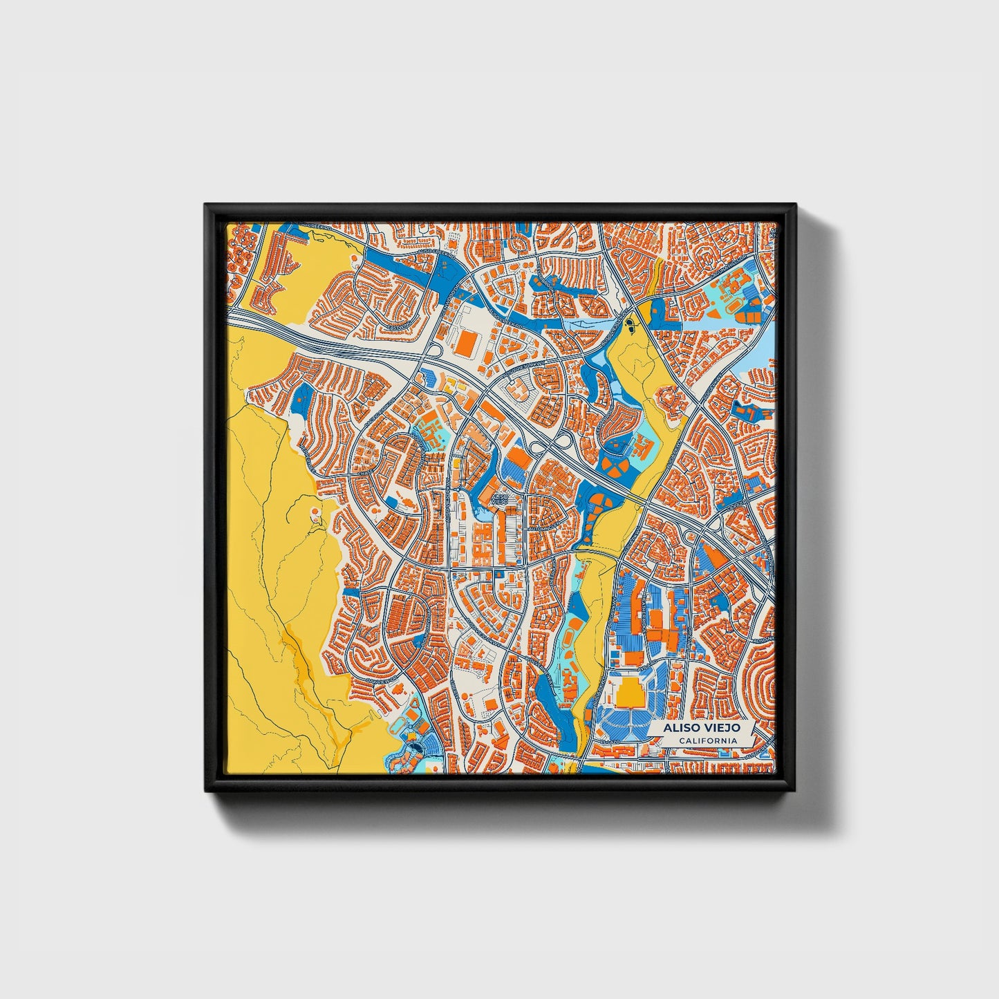 Aliso Viejo California Colorful City Map Canvas Print • Black Framed