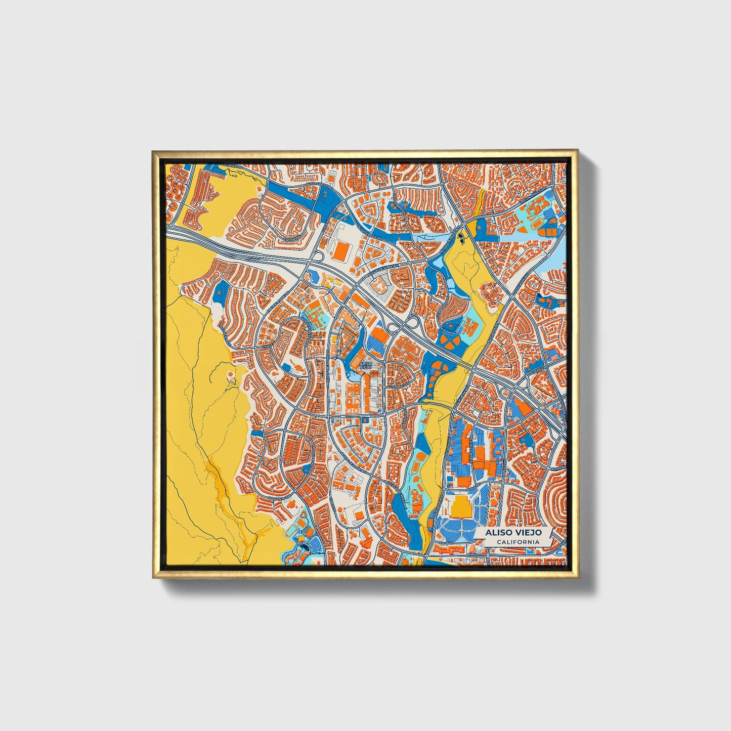 Aliso Viejo California Colorful City Map Canvas Print • Gold Framed