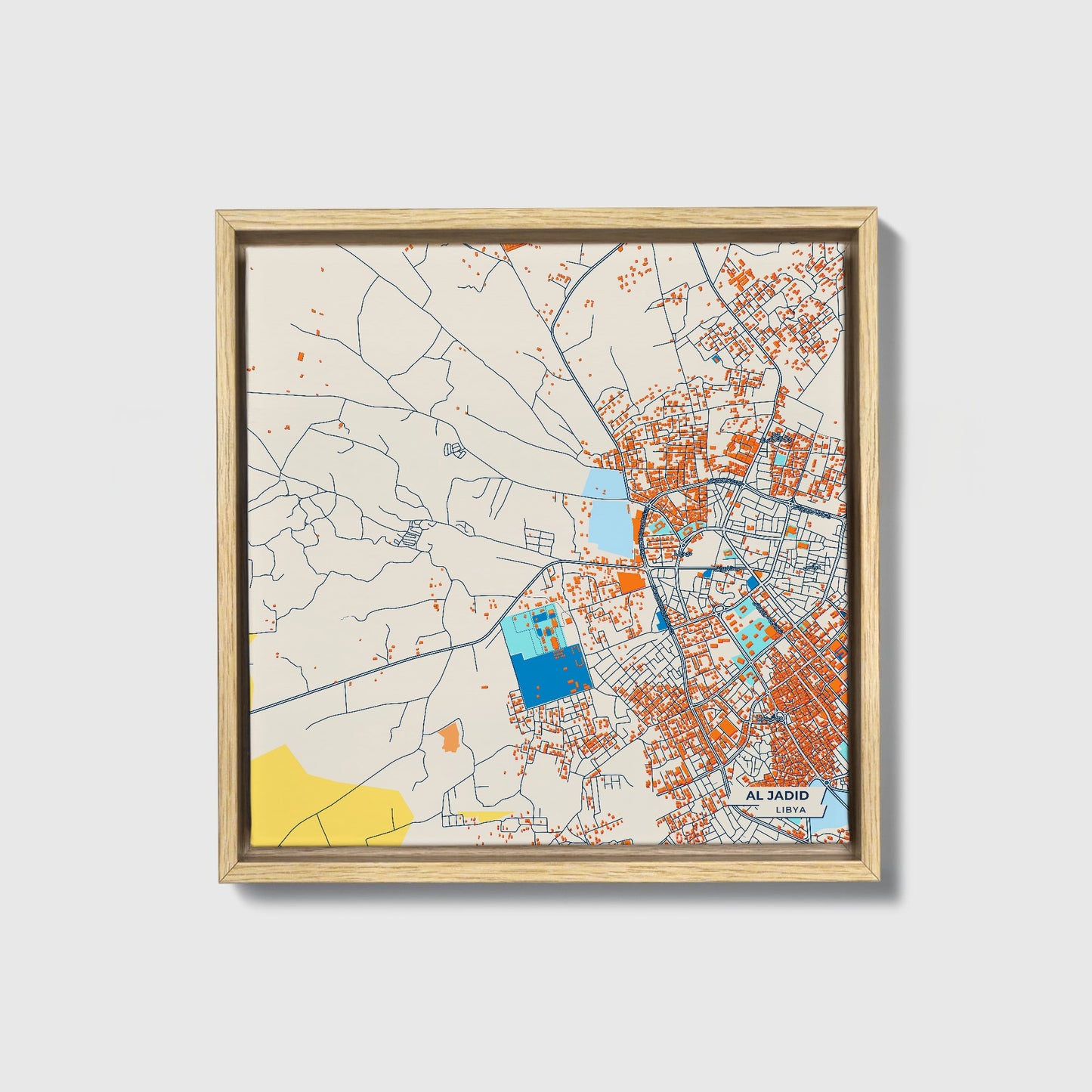 Al Jadid Libya Colorful City Map Canvas Print • Natural Wooden Framed