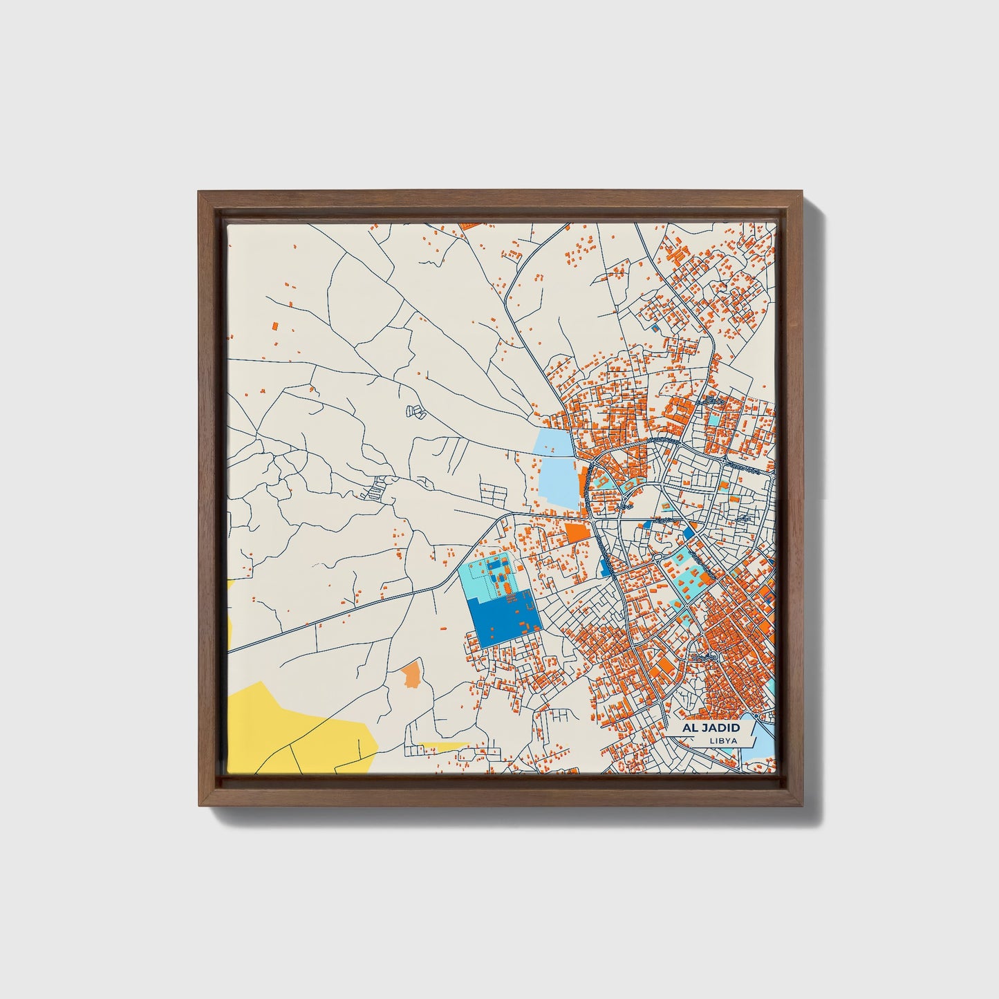 Al Jadid Libya Colorful City Map Canvas Print • Dark Wooden Framed