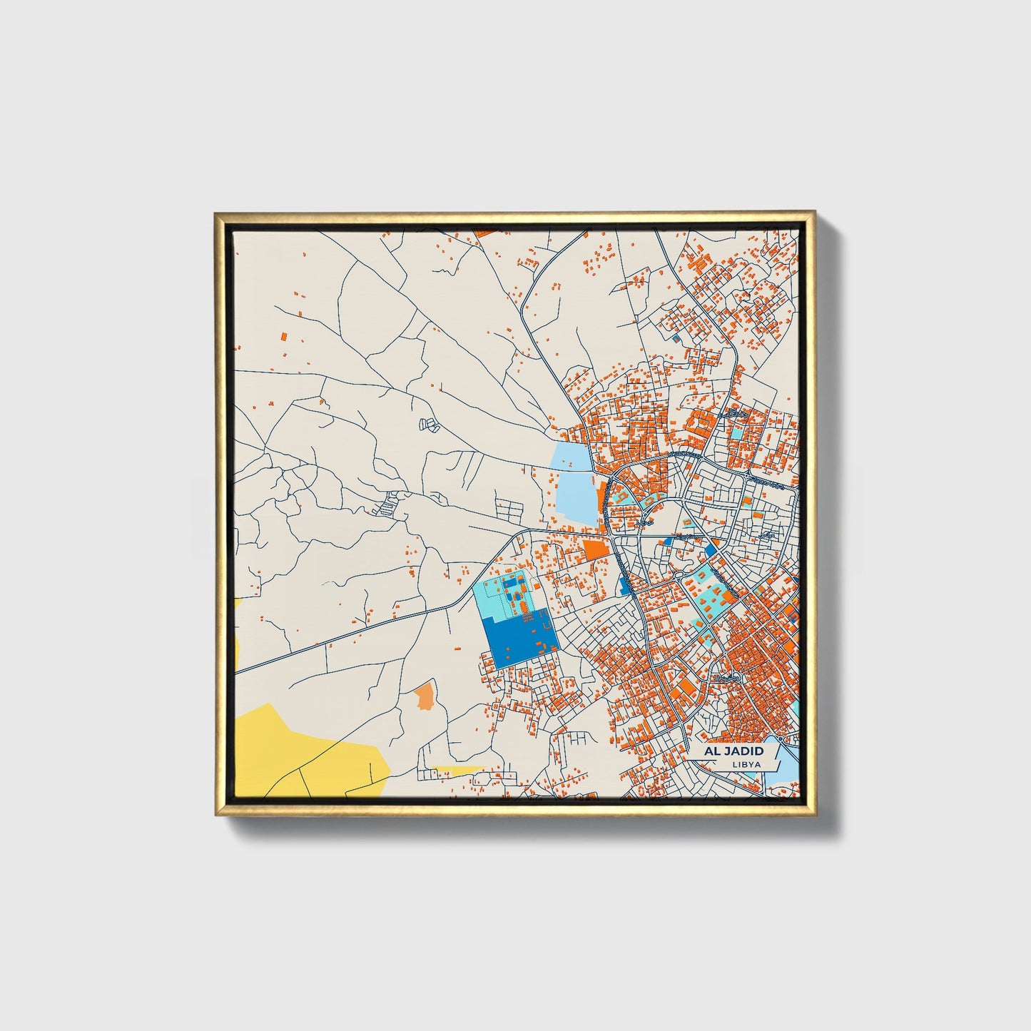 Al Jadid Libya Colorful City Map Canvas Print • Gold Framed