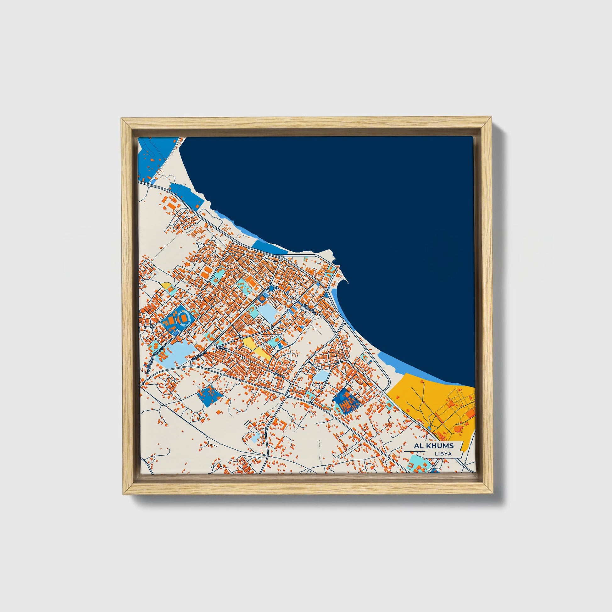 Al Khums Libya Colorful City Map Canvas Print • Natural Wooden Framed