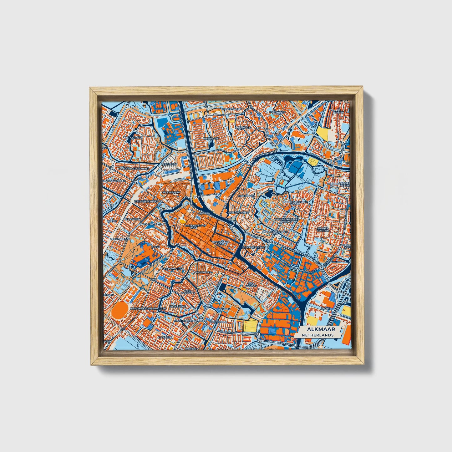 Alkmaar Netherlands Colorful City Map Canvas Print • Natural Wooden Framed