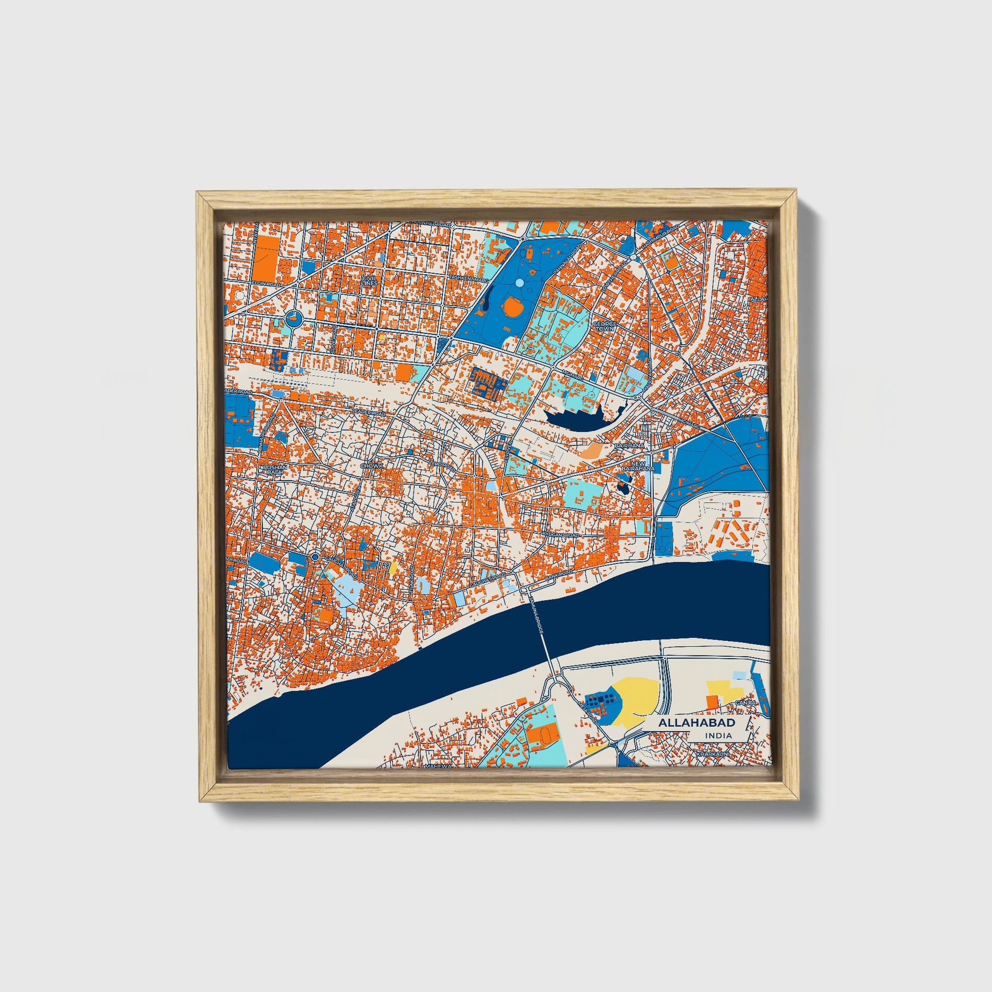 Allahabad India Colorful City Map Canvas Print • Natural Wooden Framed