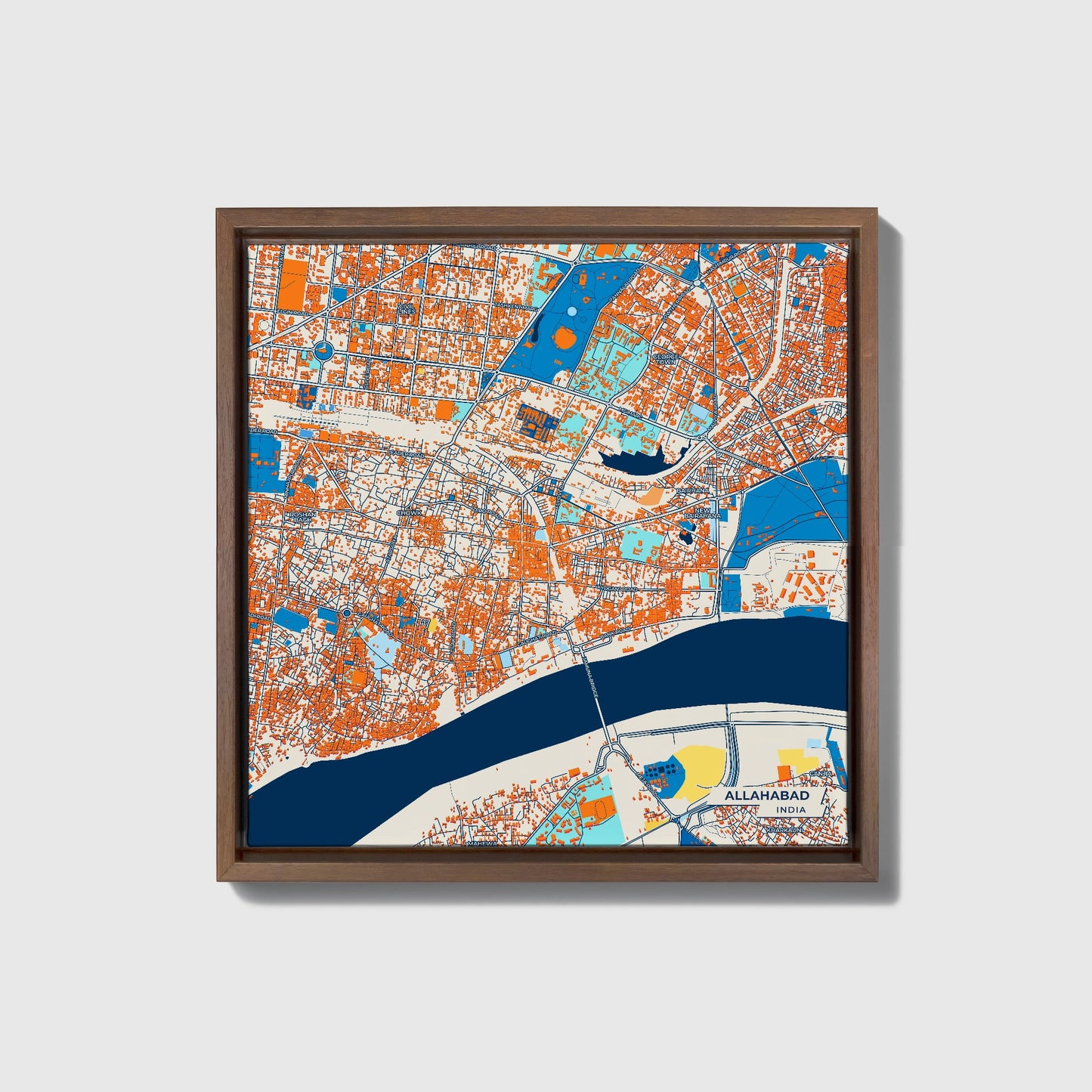 Allahabad India Colorful City Map Canvas Print • Dark Wooden Framed