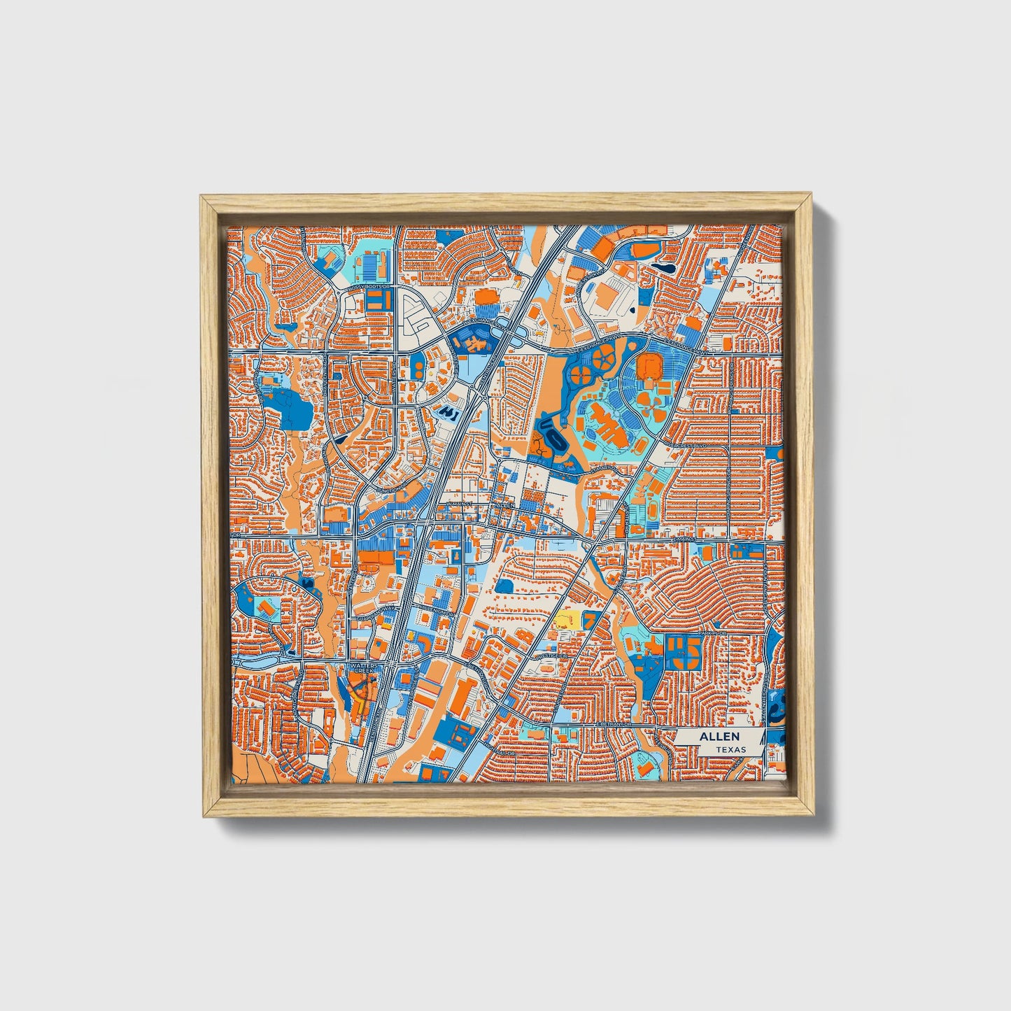Allen Texas Colorful City Map Canvas Print • Natural Wooden Framed