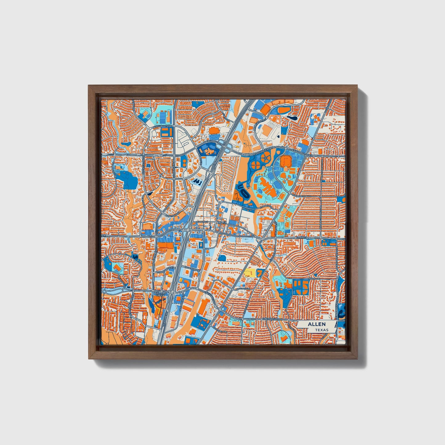 Allen Texas Colorful City Map Canvas Print • Dark Wooden Framed