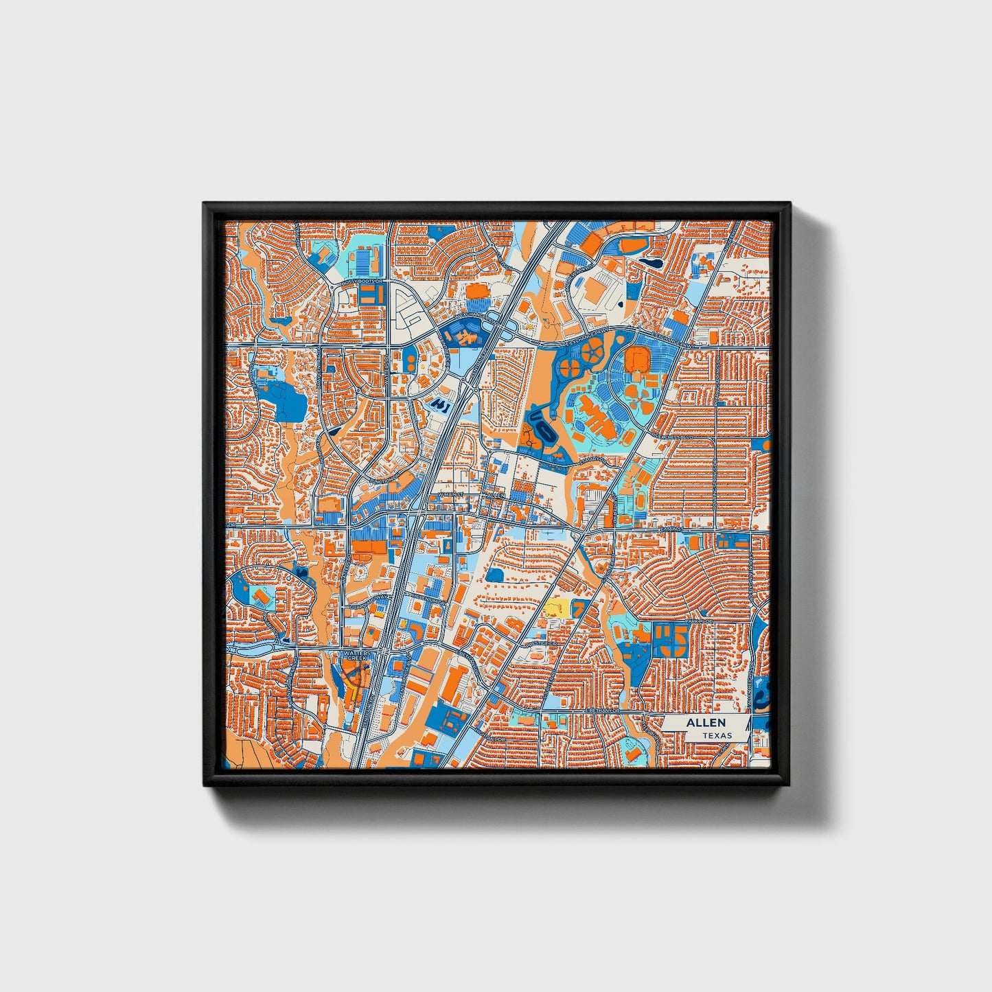 Allen Texas Colorful City Map Canvas Print • Black Framed
