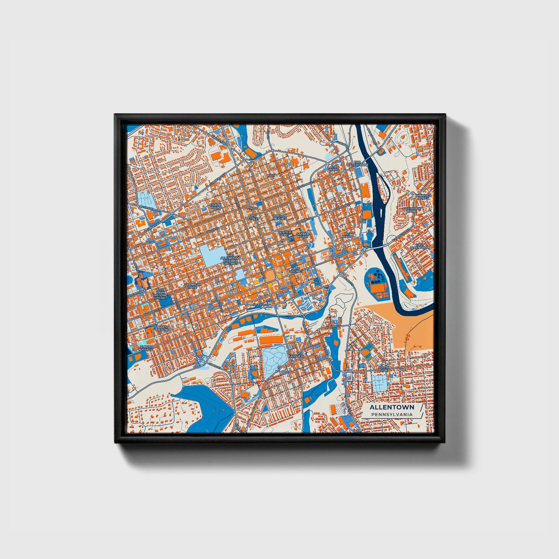 Allentown Pennsylvania Colorful City Map Canvas Print • Black Framed