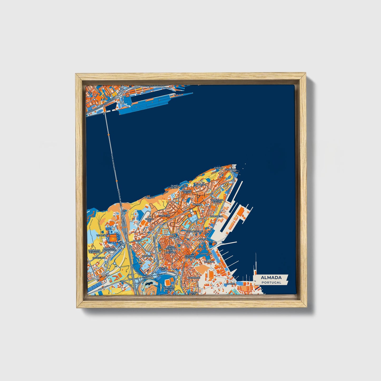 Almada Portugal Colorful City Map Canvas Print • Natural Wooden Framed