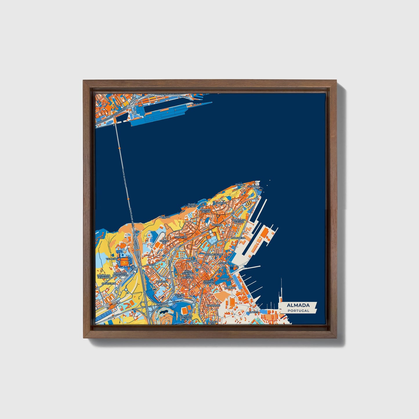 Almada Portugal Colorful City Map Canvas Print • Dark Wooden Framed
