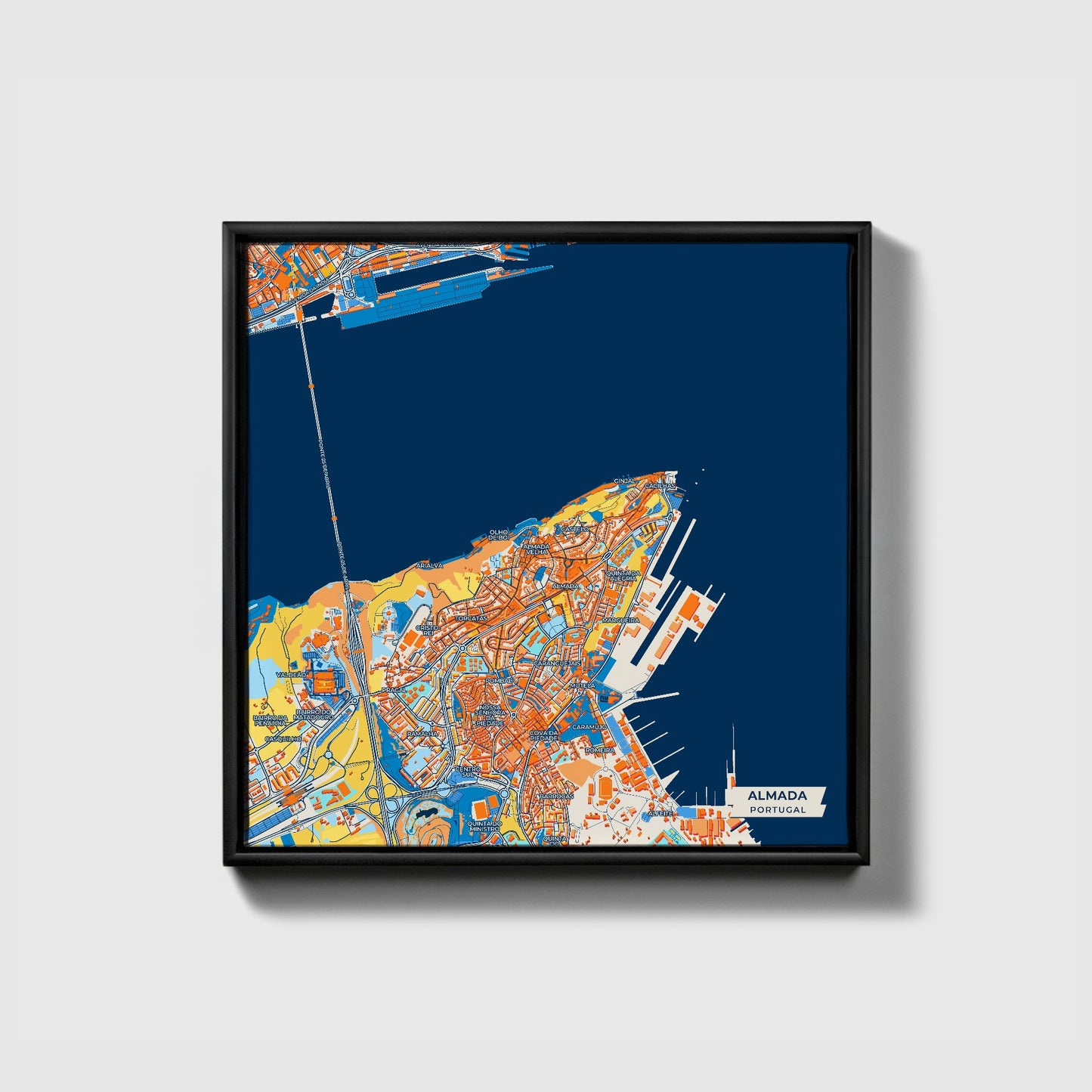 Almada Portugal Colorful City Map Canvas Print • Black Framed
