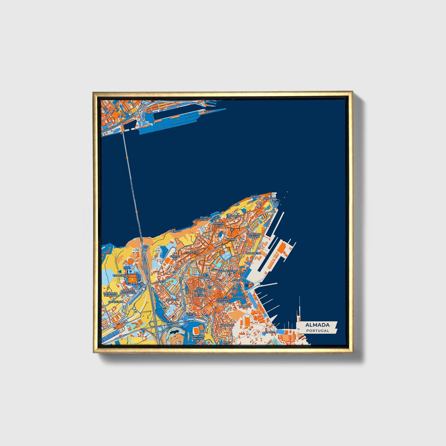 Almada Portugal Colorful City Map Canvas Print • Gold Framed