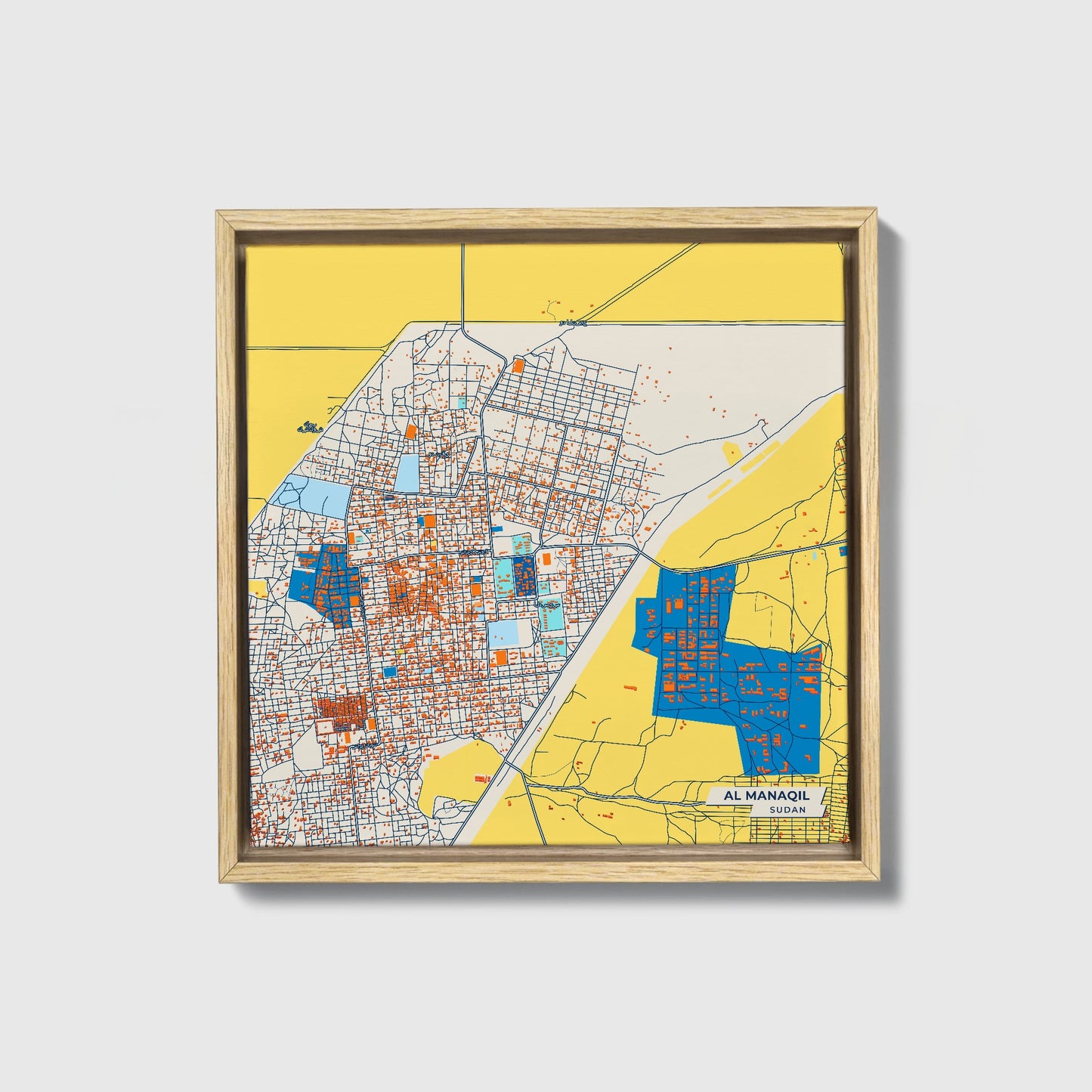 Al Manaqil Sudan Colorful City Map Canvas Print • Natural Wooden Framed