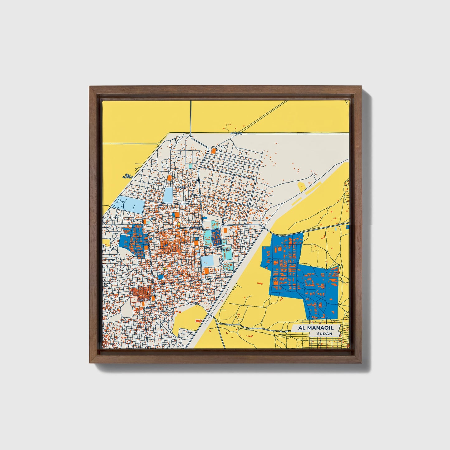 Al Manaqil Sudan Colorful City Map Canvas Print • Dark Wooden Framed