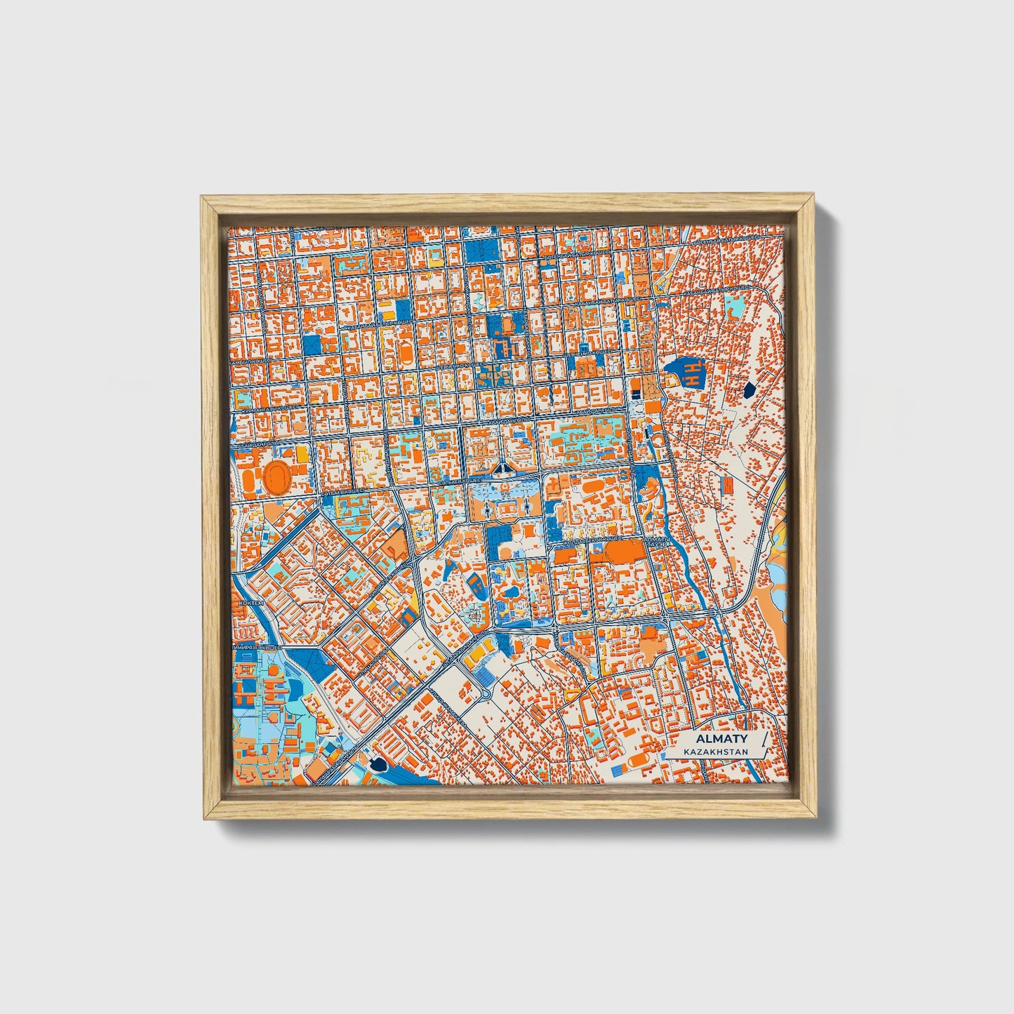 Almaty Kazakhstan Colorful City Map Canvas Print • Natural Wooden Framed