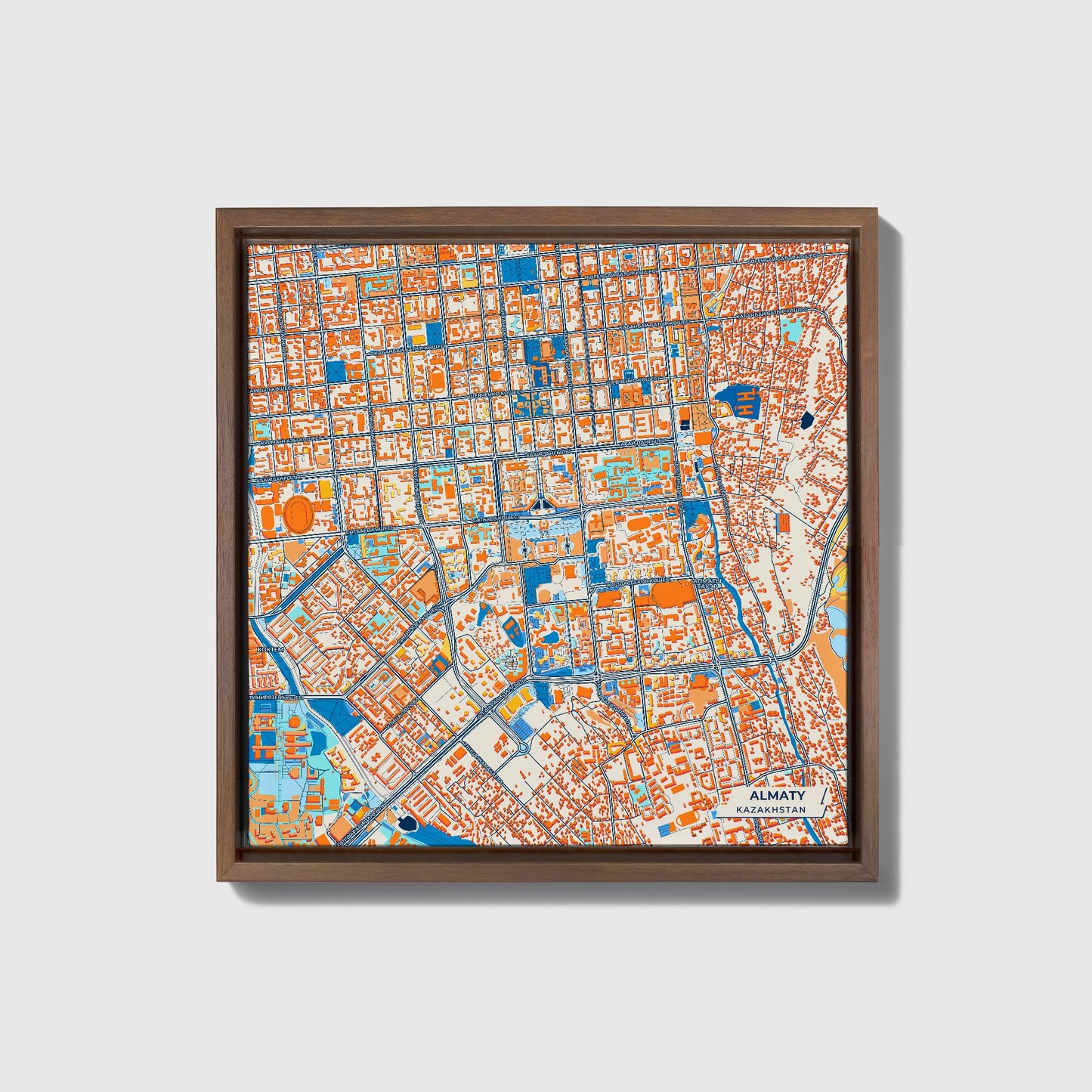 Almaty Kazakhstan Colorful City Map Canvas Print • Dark Wooden Framed