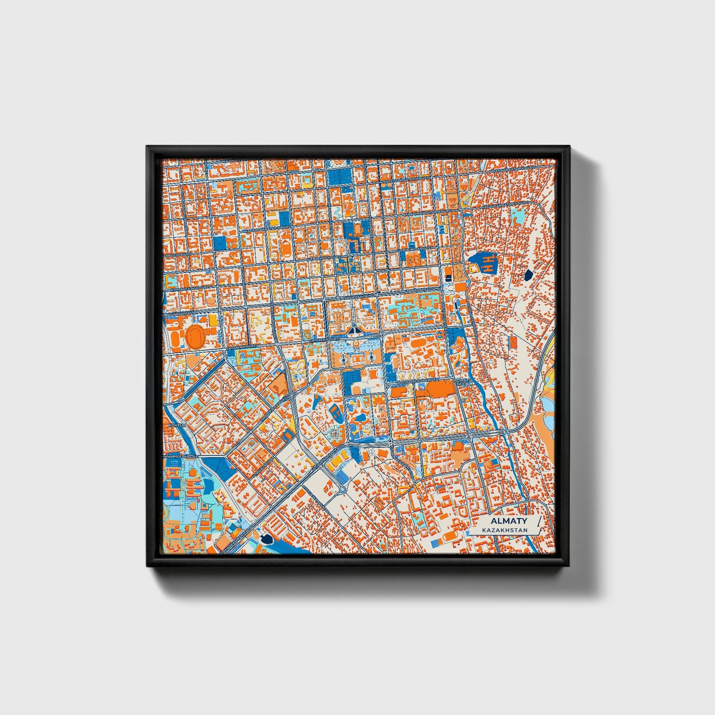 Almaty Kazakhstan Colorful City Map Canvas Print • Black Framed