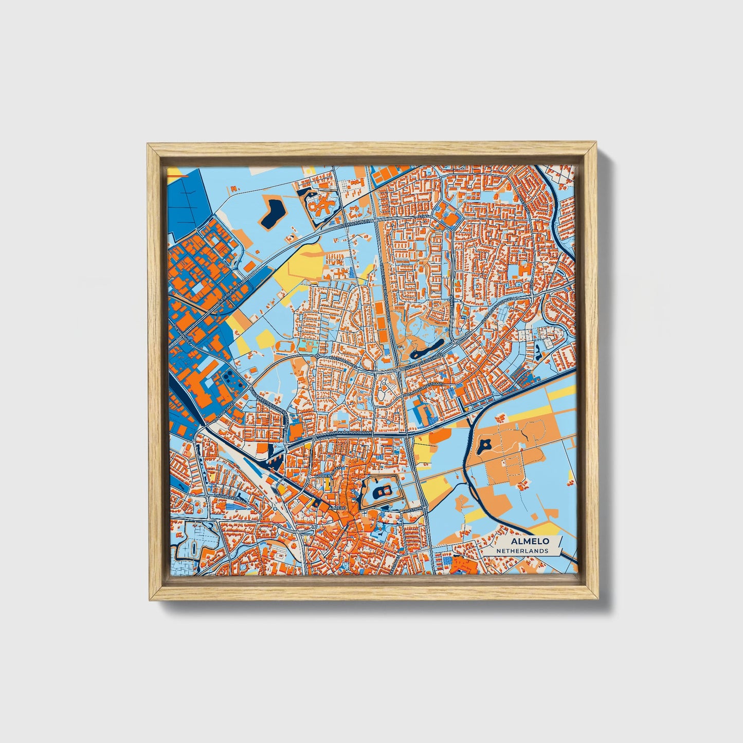 Almelo Netherlands Colorful City Map Canvas Print • Natural Wooden Framed