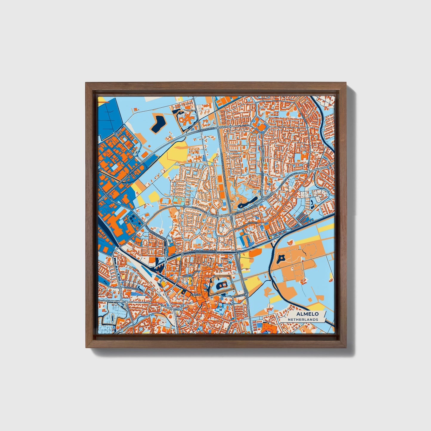 Almelo Netherlands Colorful City Map Canvas Print • Dark Wooden Framed