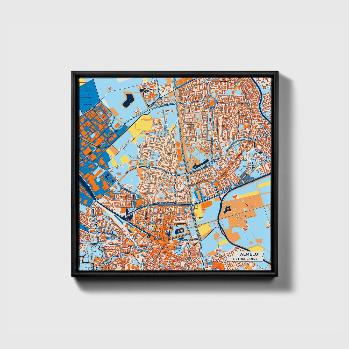 Almelo Netherlands Colorful City Map Canvas Print • Black Framed