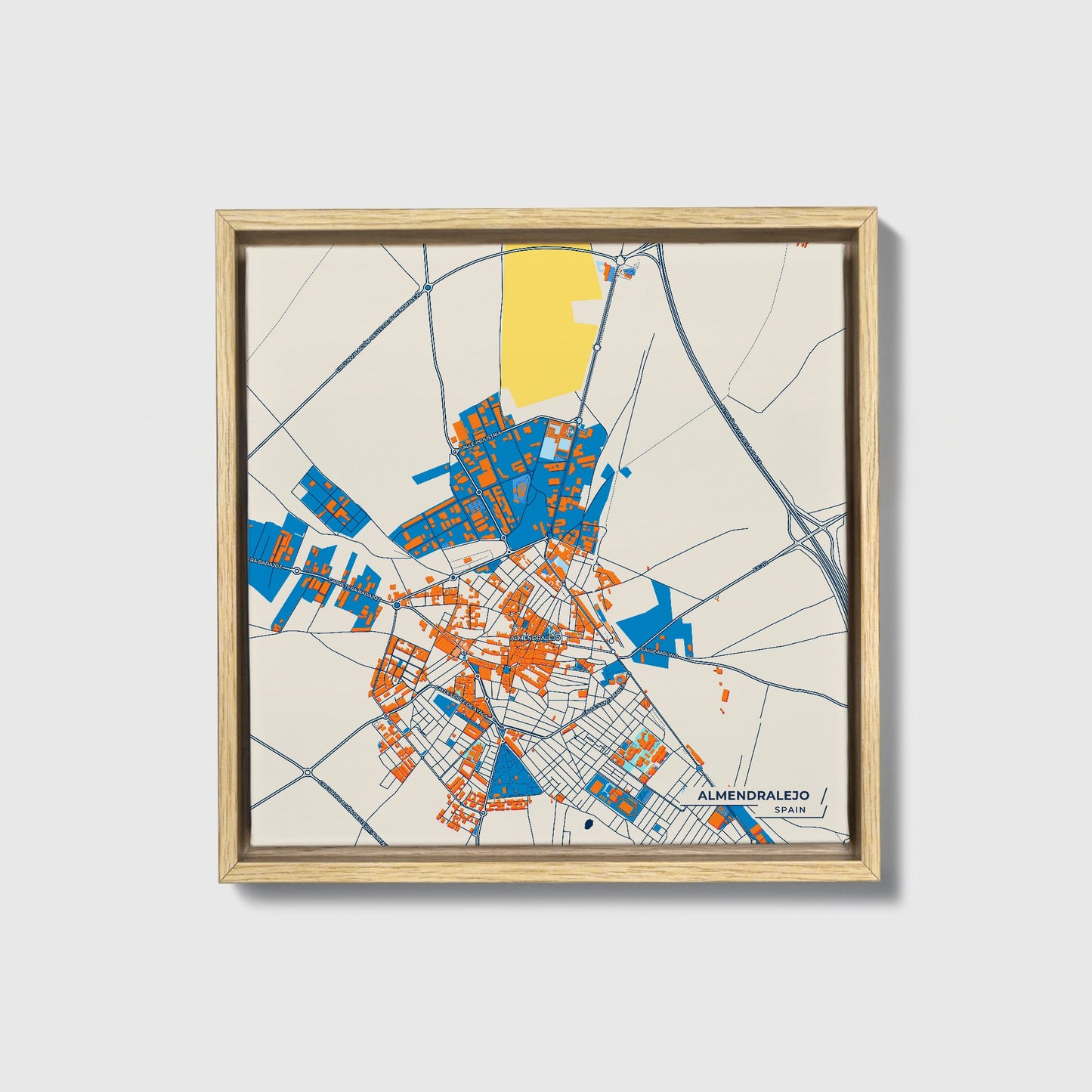 Almendralejo Spain Colorful City Map Canvas Print • Natural Wooden Framed