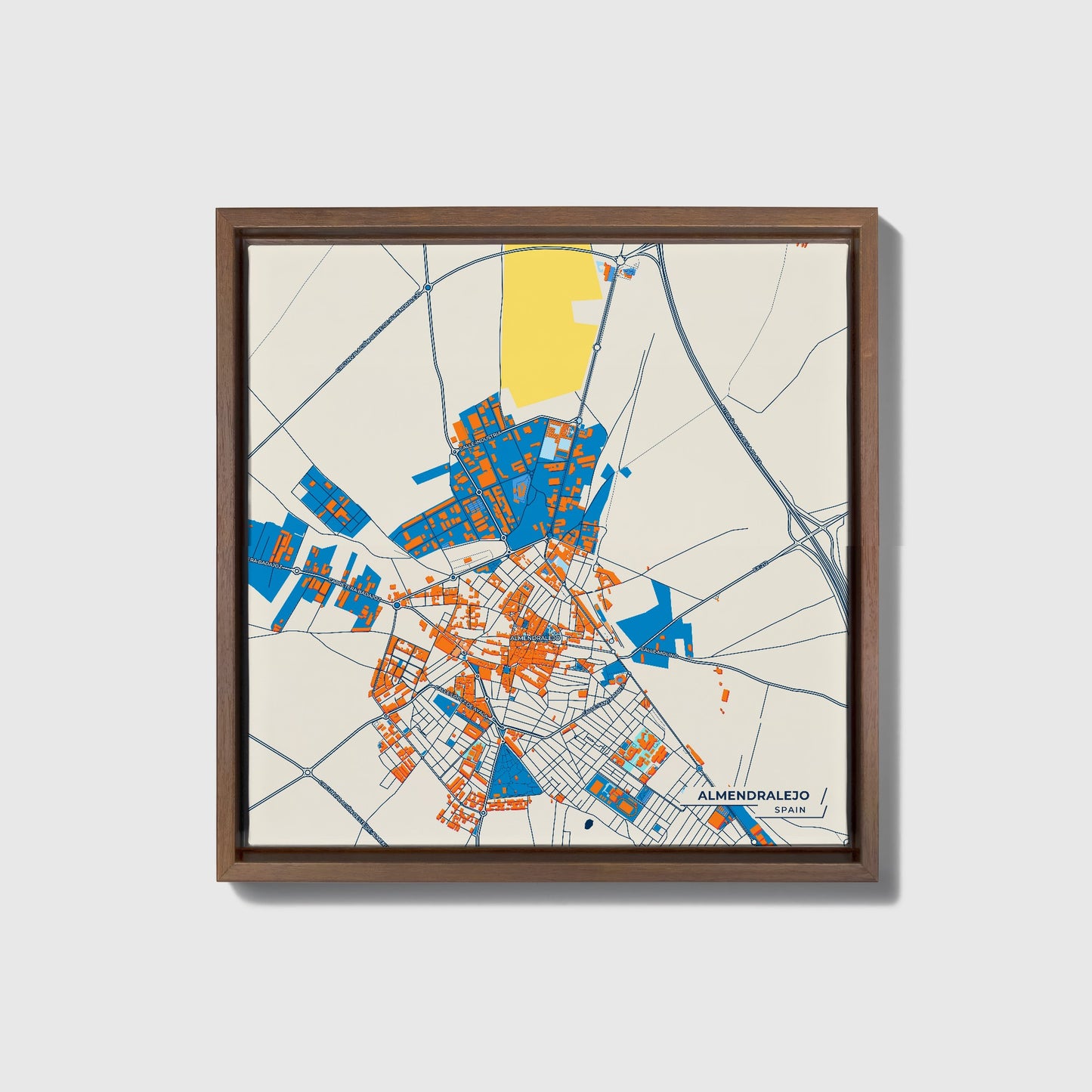 Almendralejo Spain Colorful City Map Canvas Print • Dark Wooden Framed