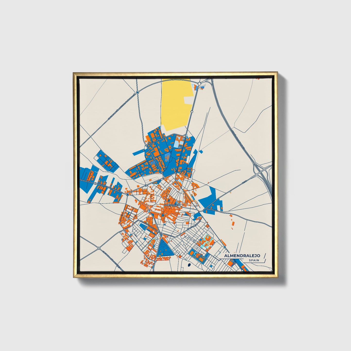 Almendralejo Spain Colorful City Map Canvas Print • Gold Framed