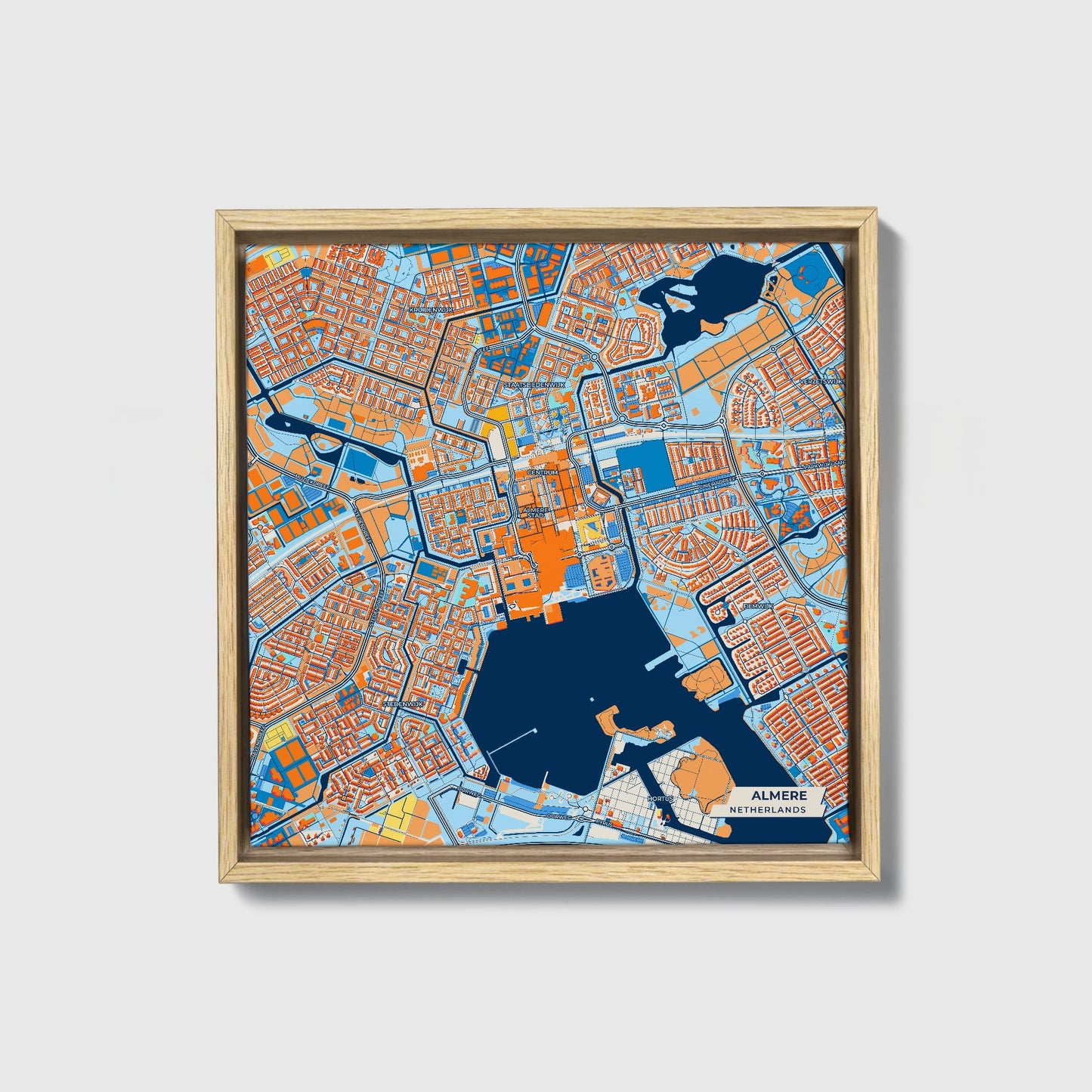 Almere Netherlands Colorful City Map Canvas Print • Natural Wooden Framed