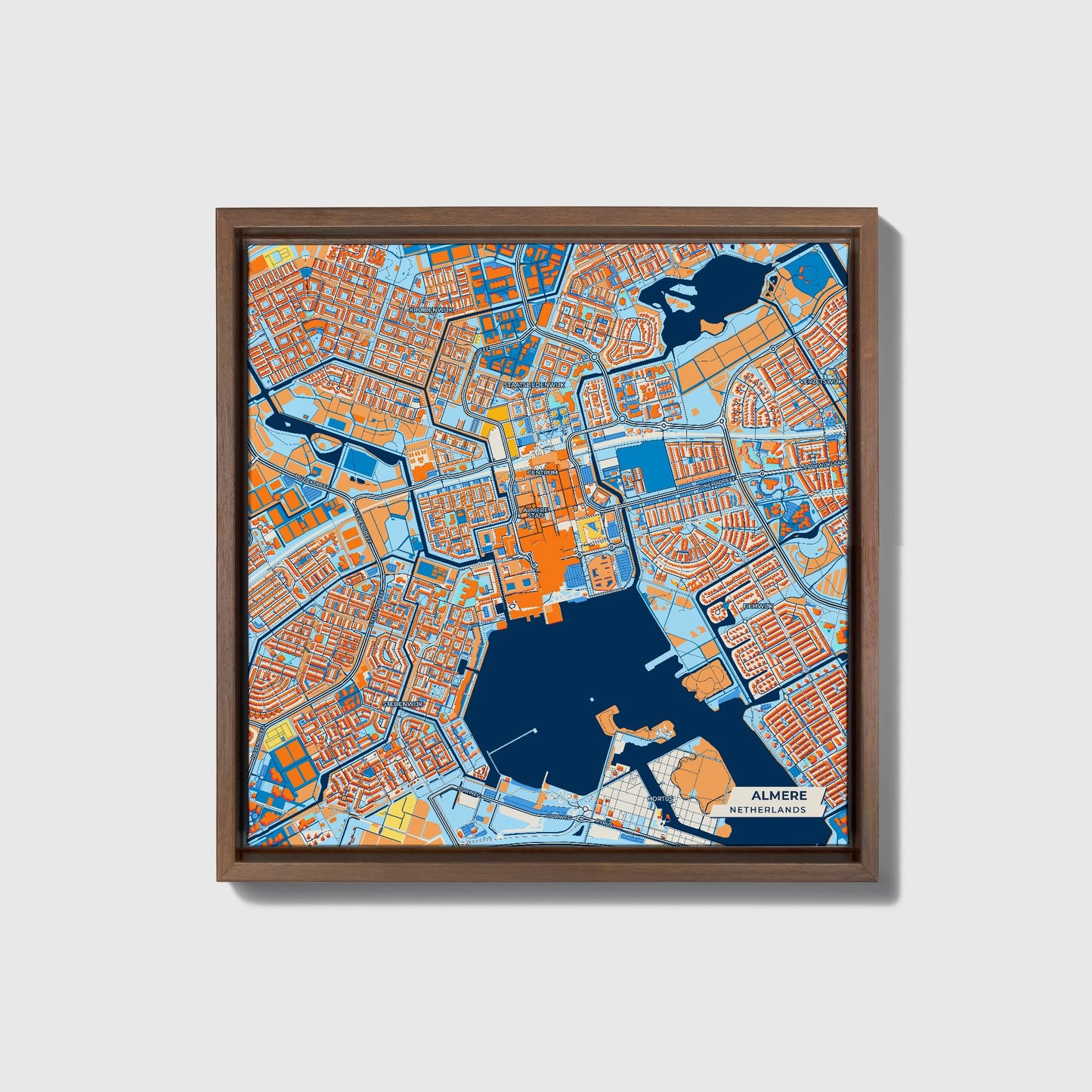 Almere Netherlands Colorful City Map Canvas Print • Dark Wooden Framed