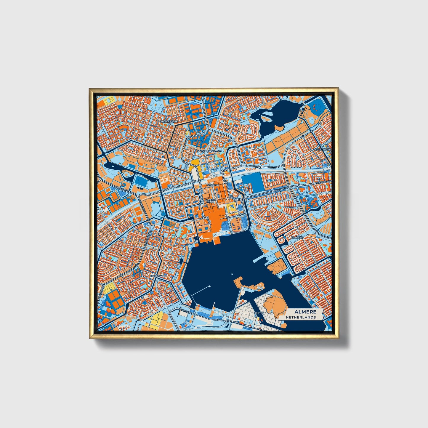 Almere Netherlands Colorful City Map Canvas Print • Gold Framed