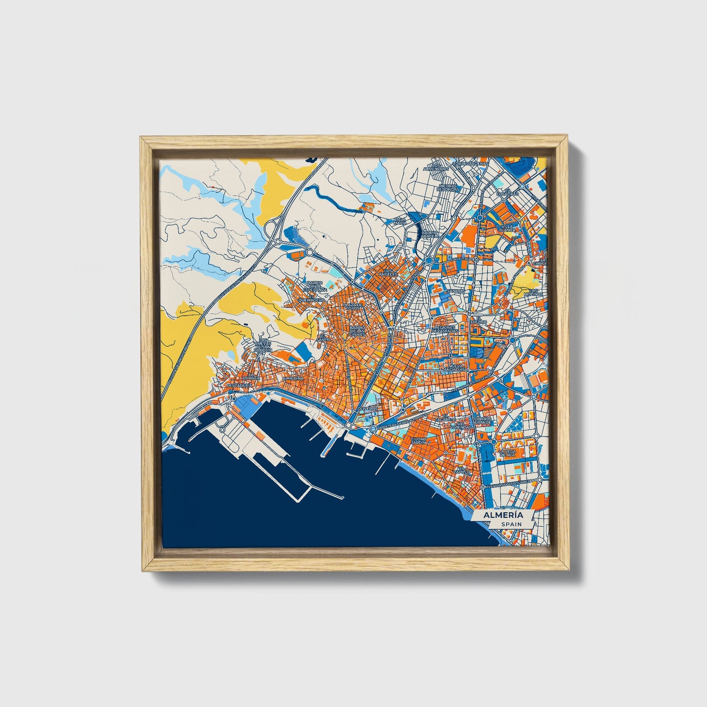 Almería Spain Colorful City Map Canvas Print • Natural Wooden Framed