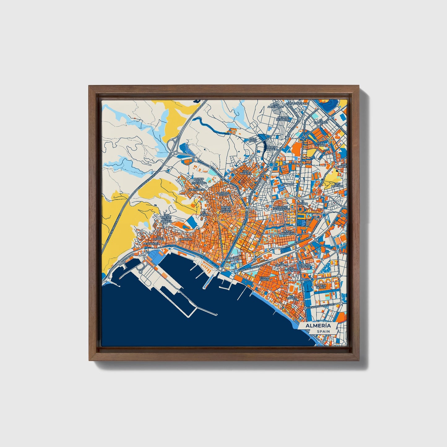 Almería Spain Colorful City Map Canvas Print • Dark Wooden Framed