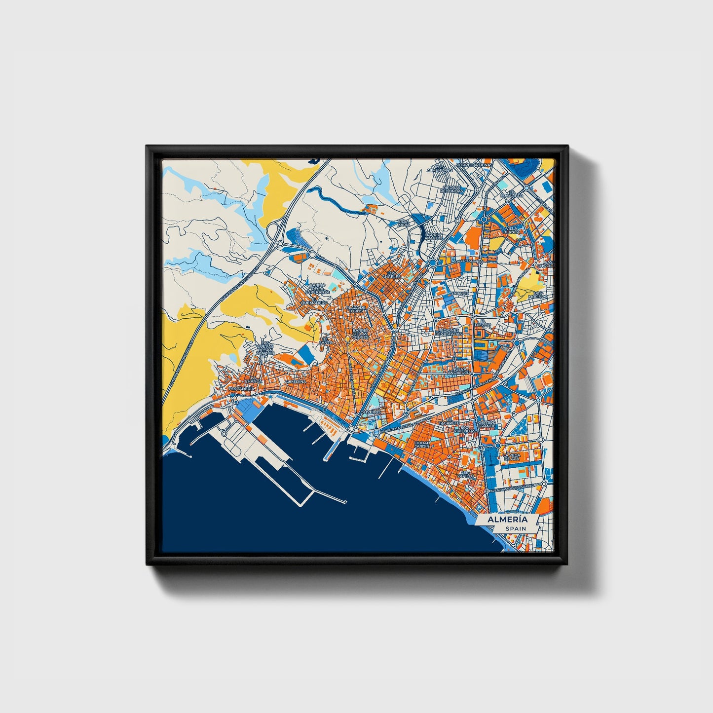 Almería Spain Colorful City Map Canvas Print • Black Framed