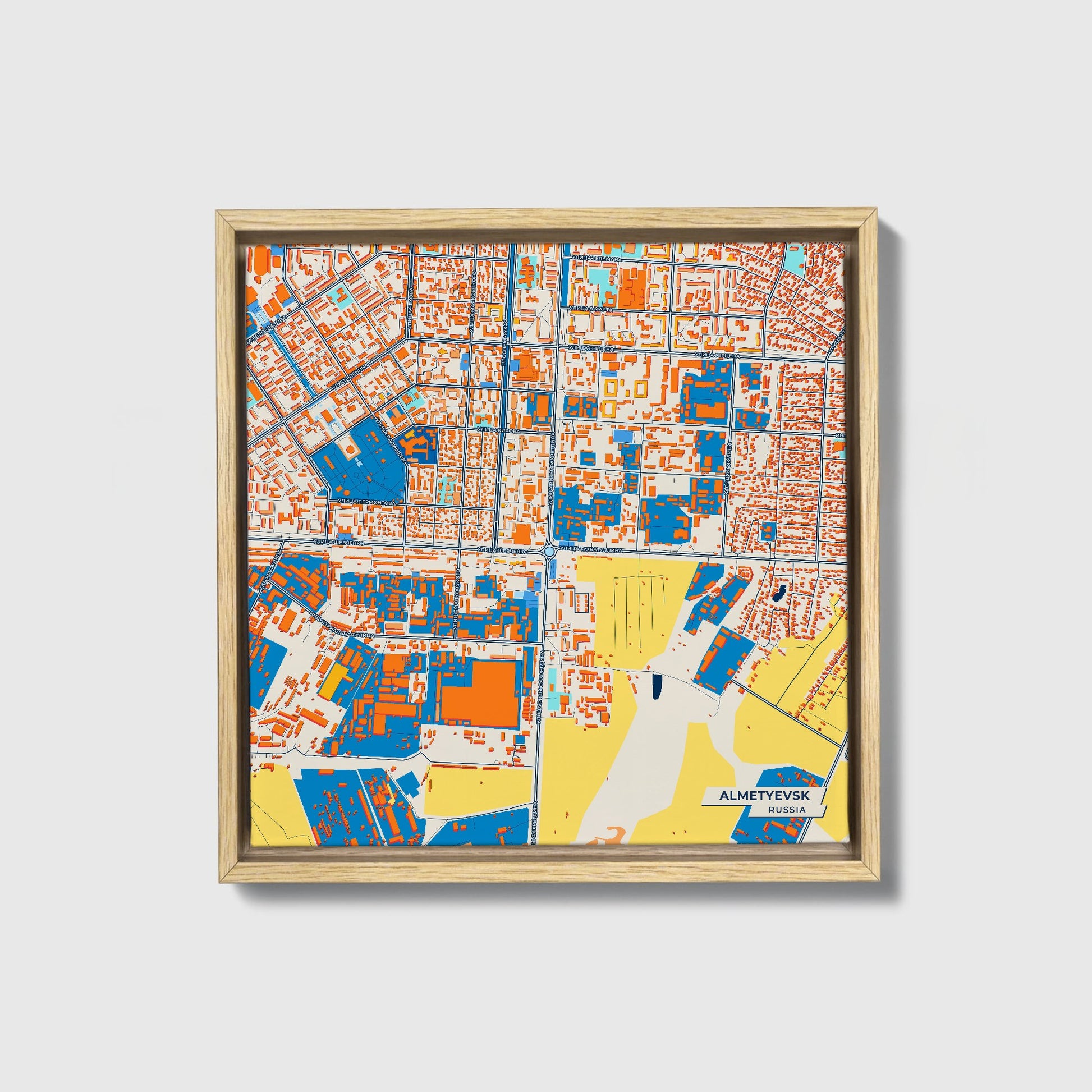 Альметьевск Russia Colorful City Map Canvas Print • Natural Wooden Framed