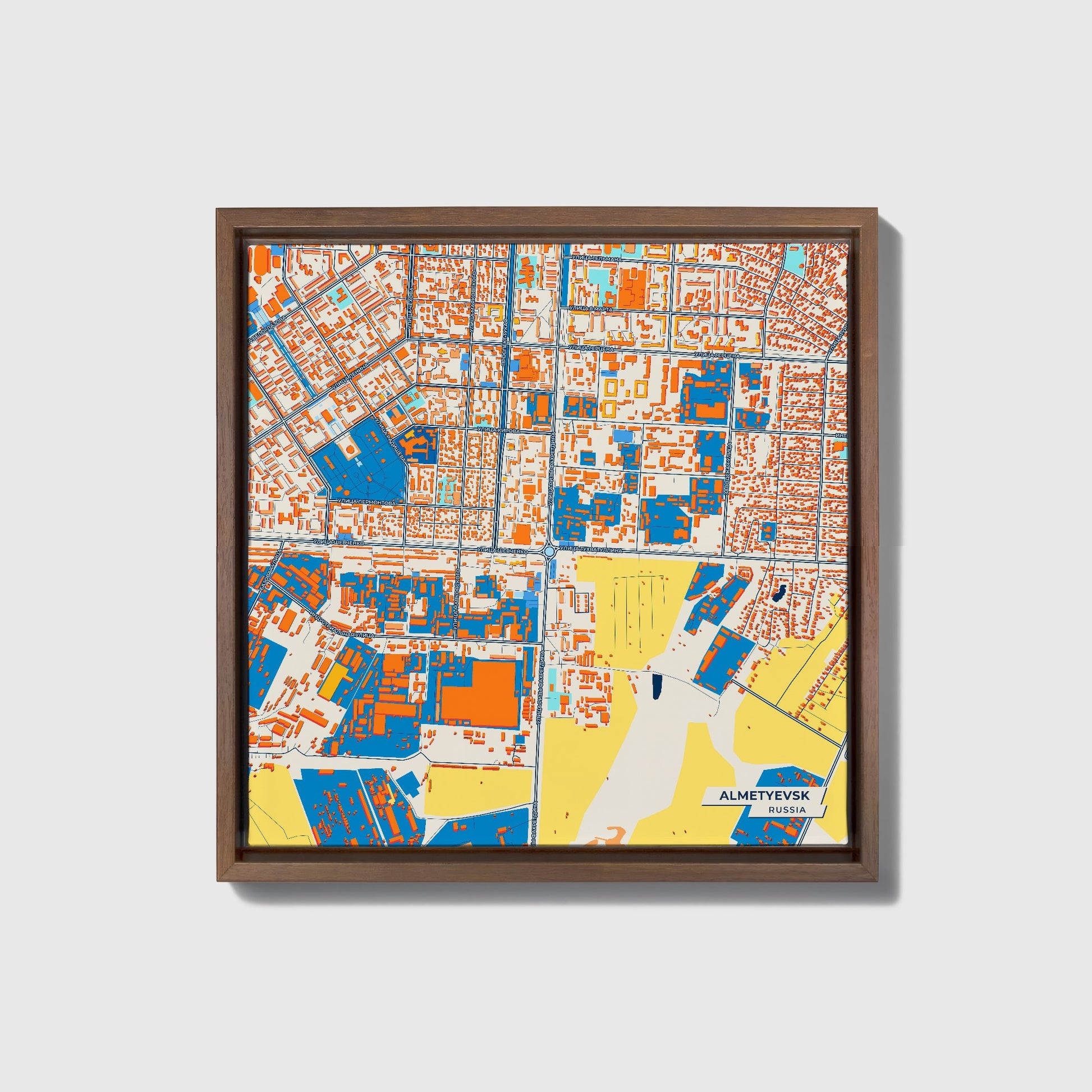 Альметьевск Russia Colorful City Map Canvas Print • Dark Wooden Framed